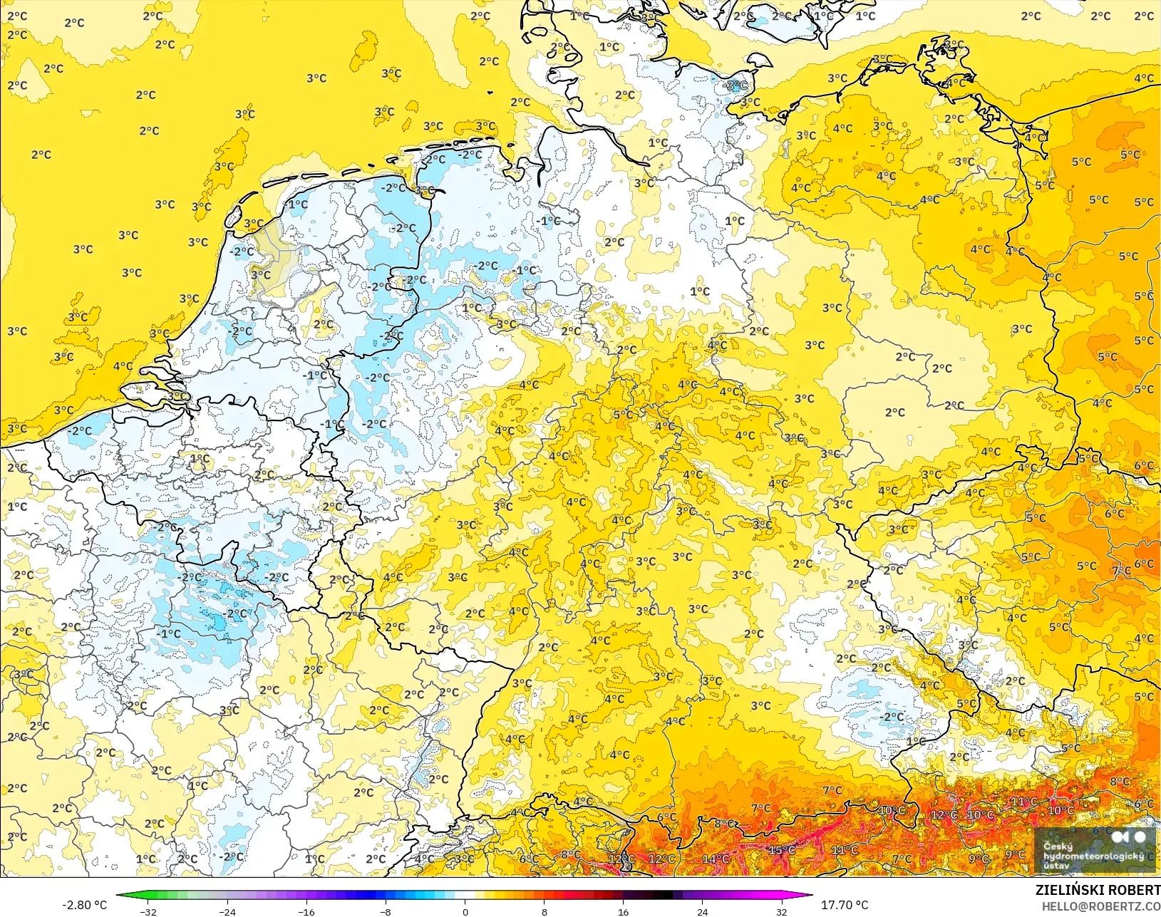 ALADIN CZ 2.3 km model - Almanya, 2 m Sıcaklık Anomalisi