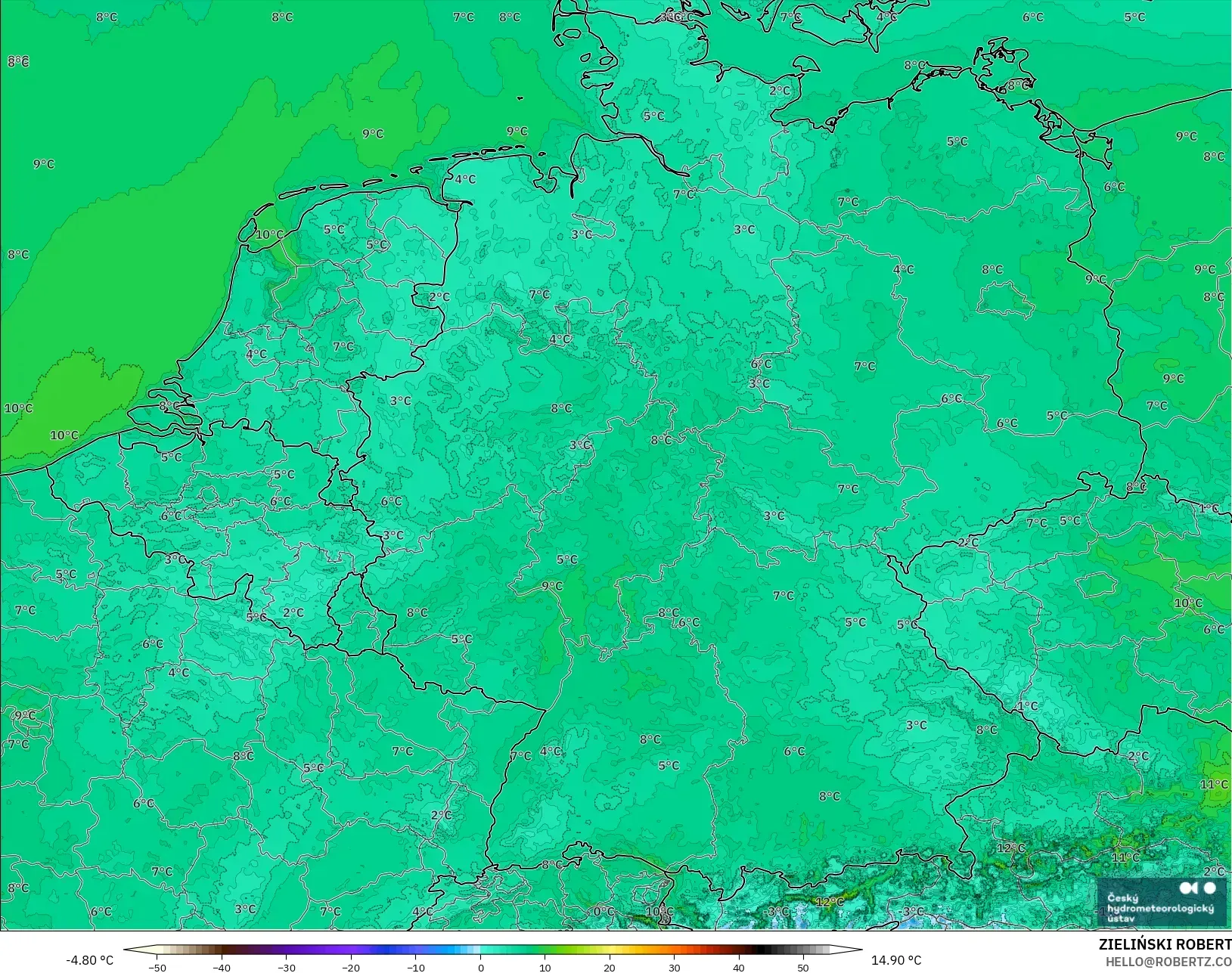 ALADIN CZ 2.3 km model - Almanya, 2 m Sıcaklık
