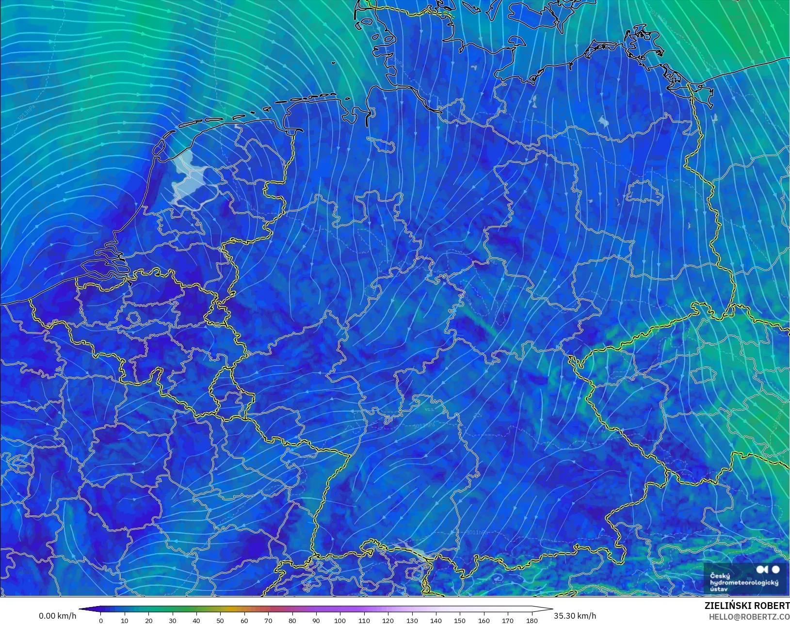 ALADIN CZ 2.3 km model - Almanya, 10 m Rüzgâr