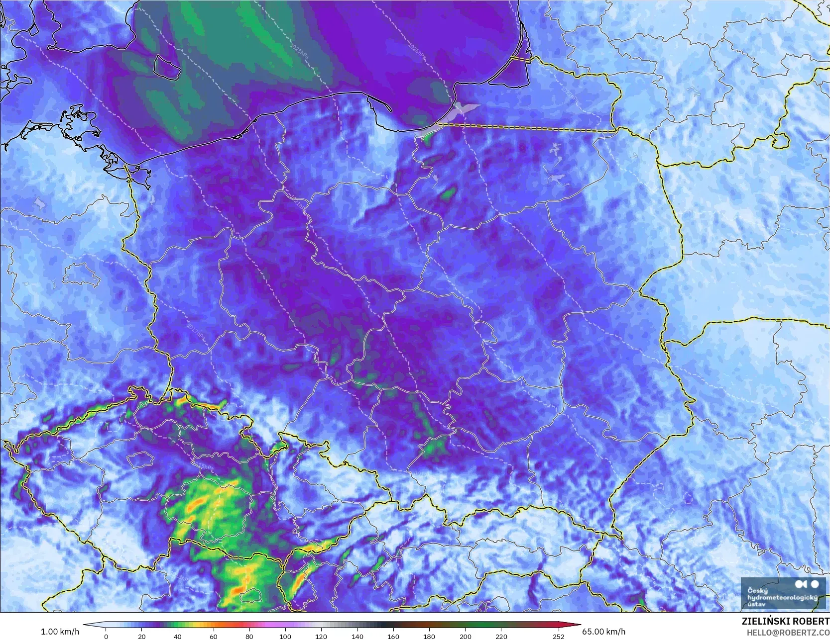 ALADIN CZ 2.3 km model - Polonya, En Yüksek Rüzgâr