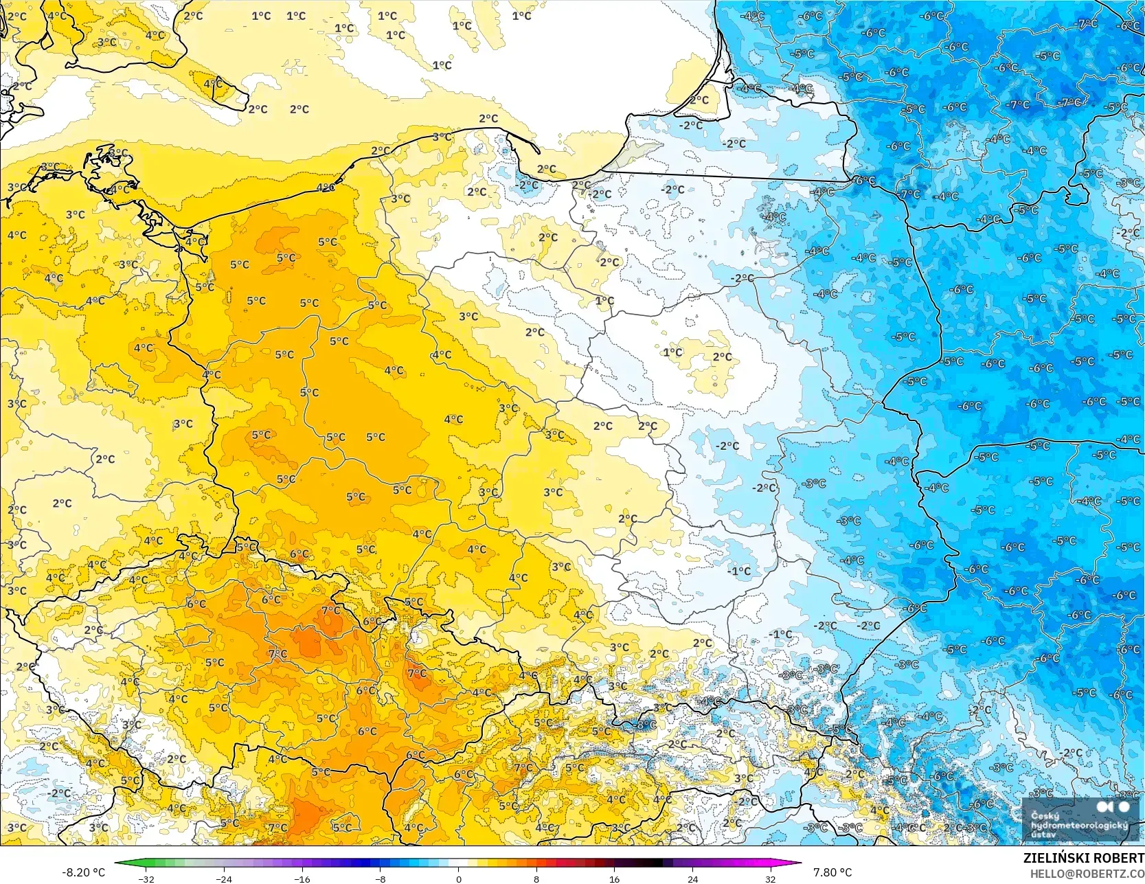 ALADIN CZ 2.3 km model - Polonya, 2 m Sıcaklık Anomalisi