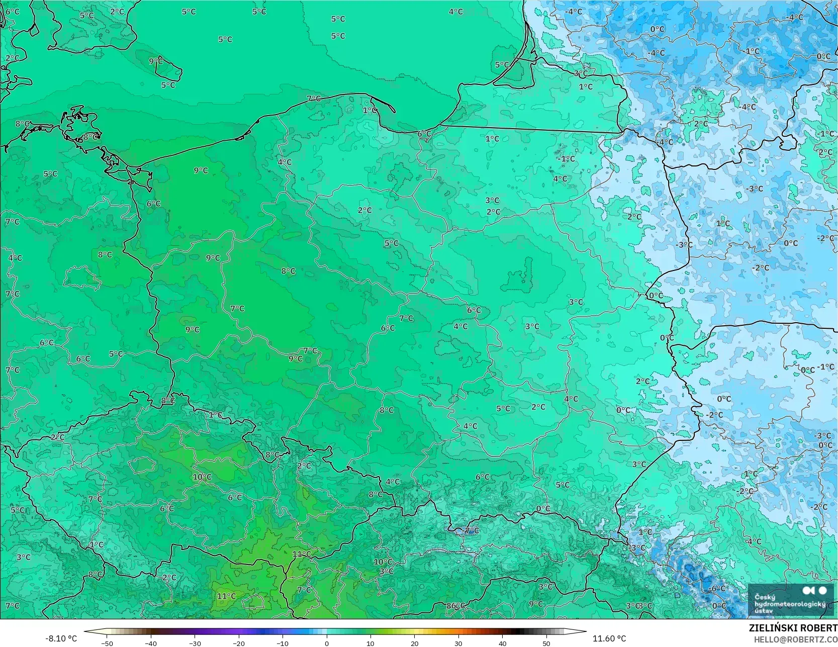 ALADIN CZ 2.3 km model - Polonya, 2 m Sıcaklık