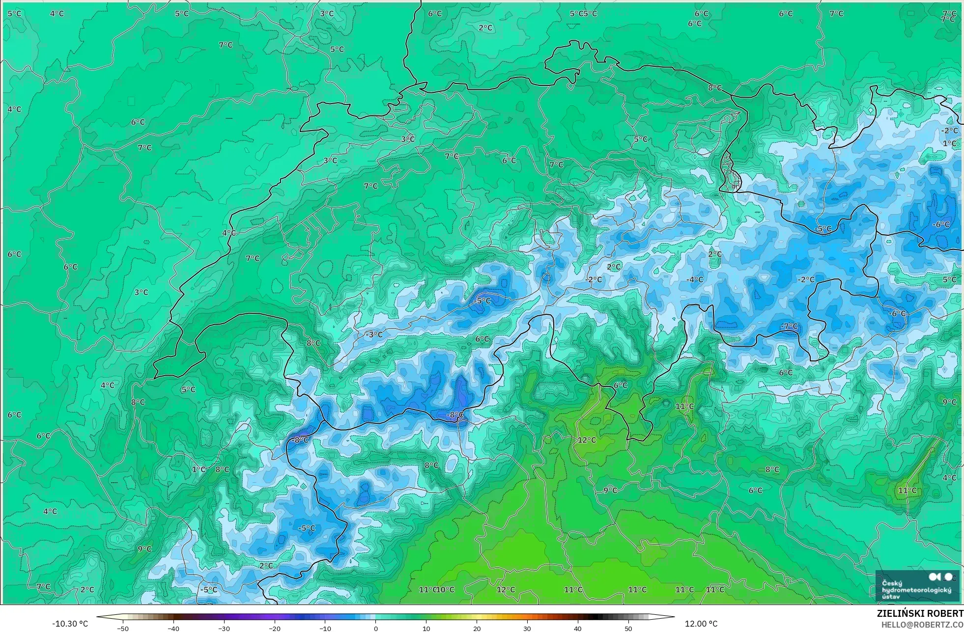 ALADIN CZ 2.3 km model - İsviçre, 2 m Çiy Noktası