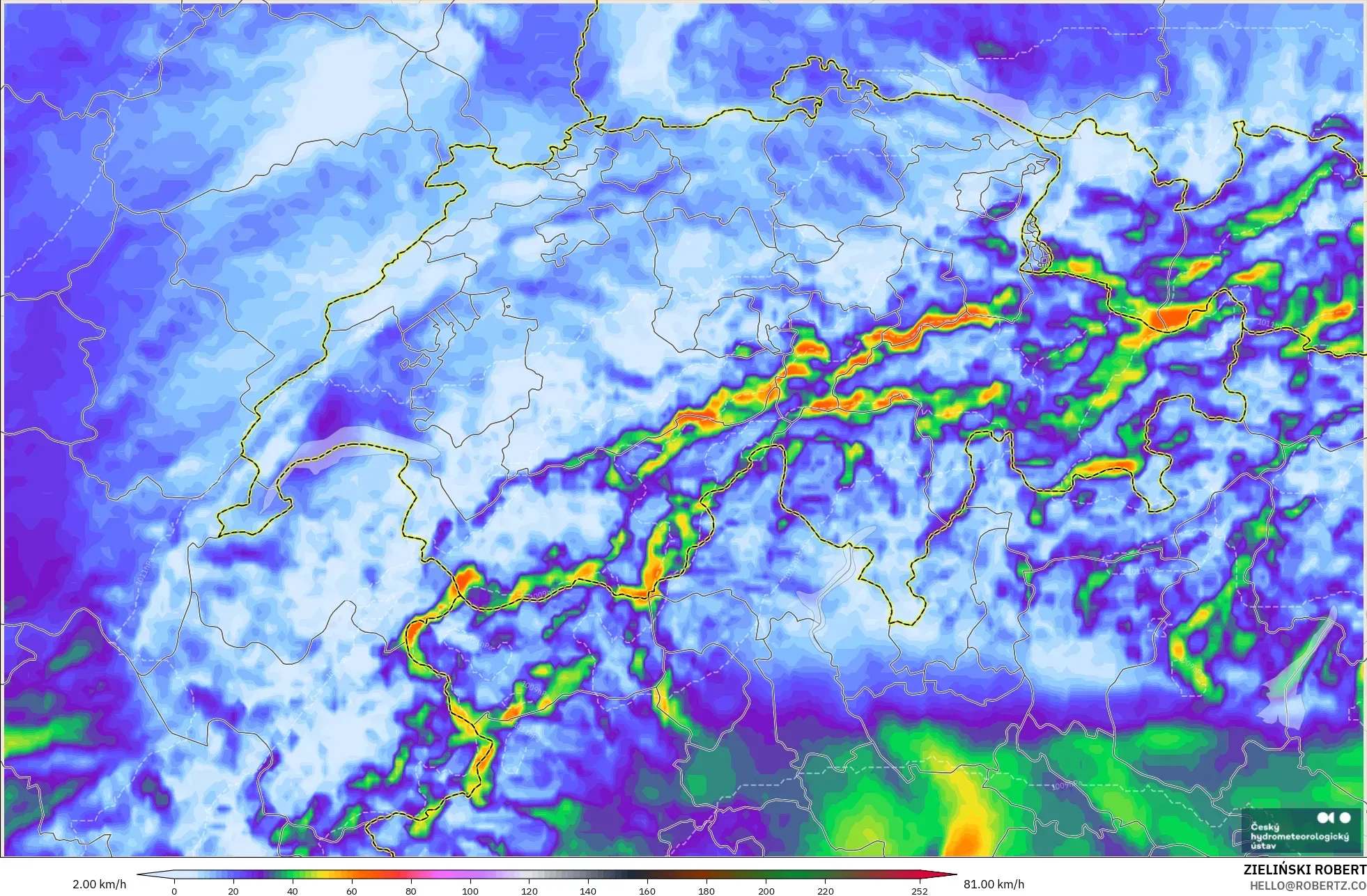 ALADIN CZ 2.3 km model - İsviçre, En Yüksek Rüzgâr
