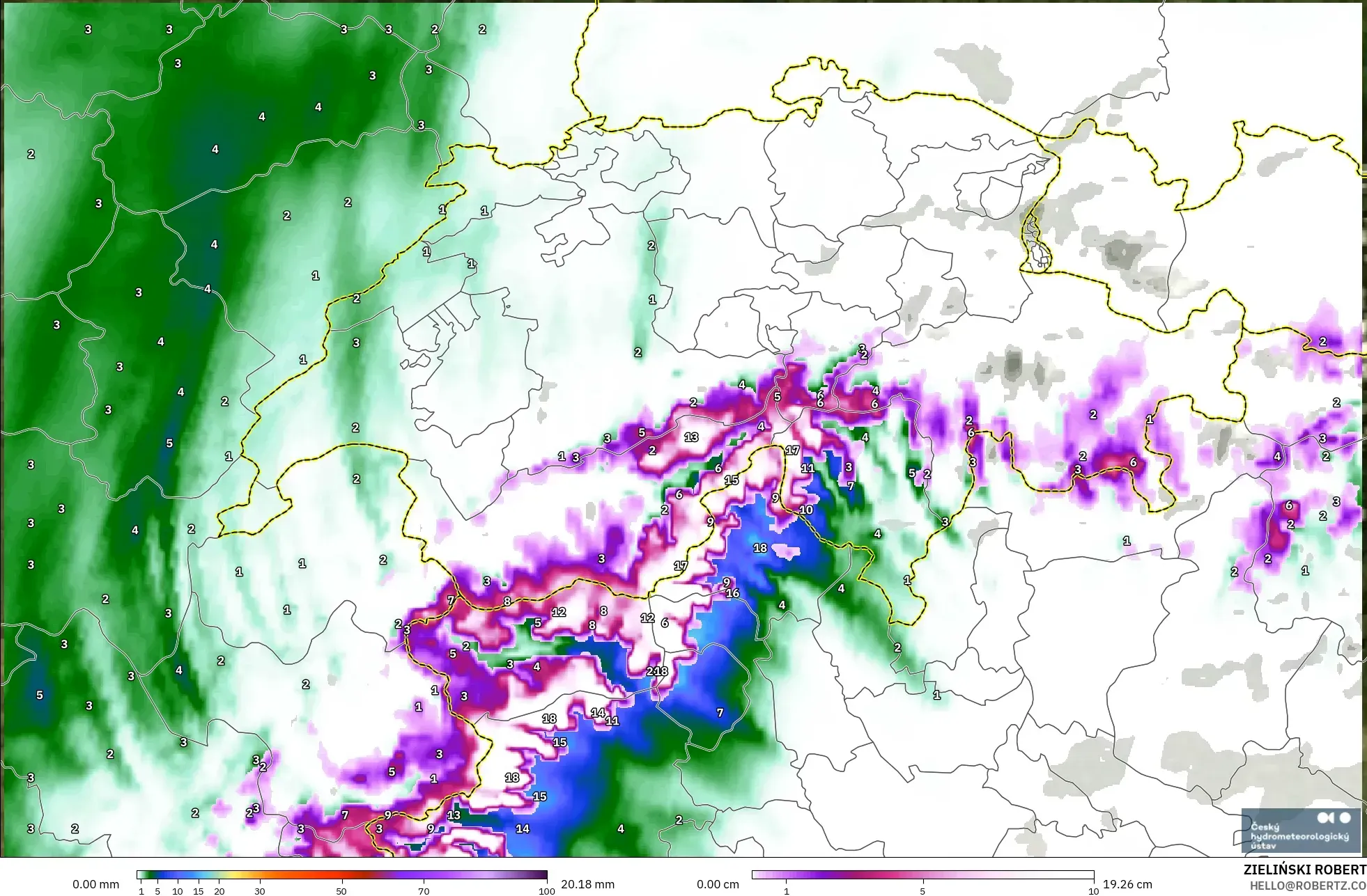 ALADIN CZ 2.3 km model - İsviçre, Yağış, Bulut ve Basınç