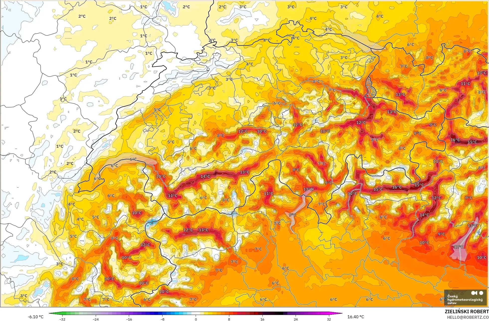 ALADIN CZ 2.3 km model - İsviçre, 2 m Sıcaklık Anomalisi