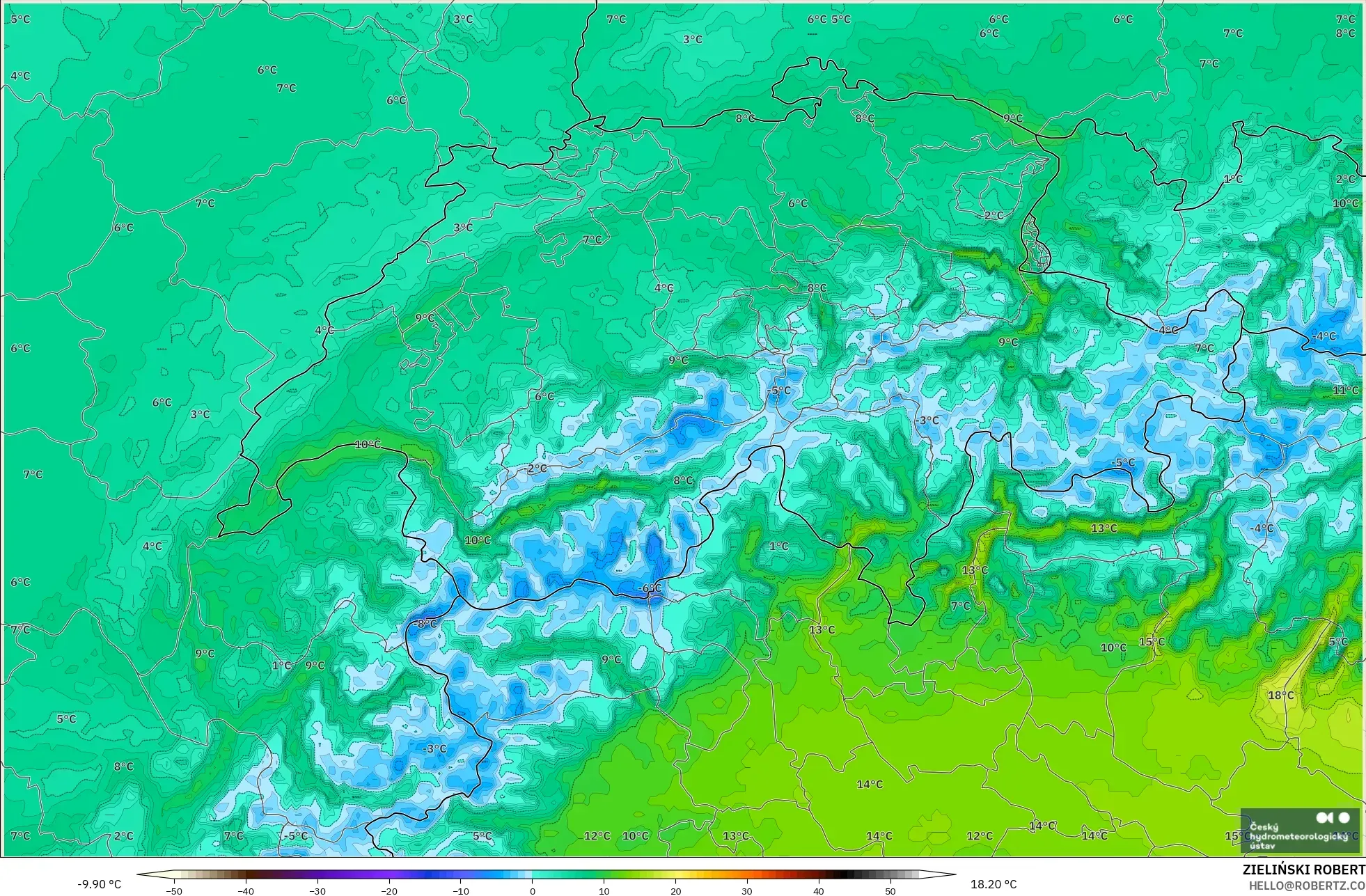 ALADIN CZ 2.3 km model - İsviçre, 2 m Sıcaklık