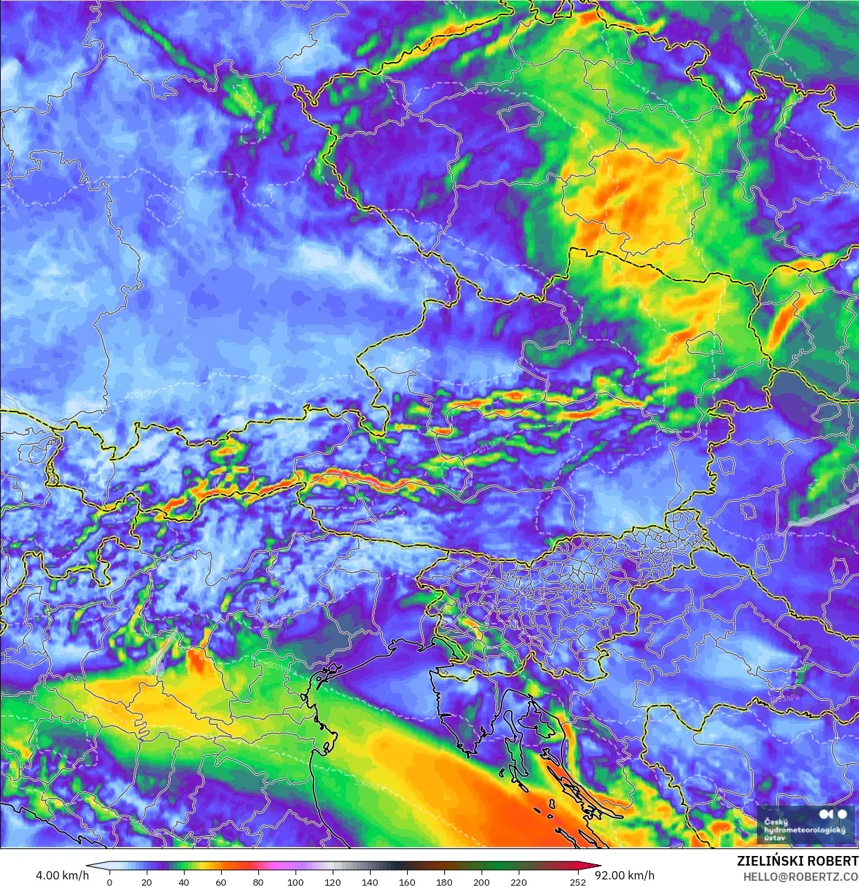 ALADIN CZ 2.3 km model - Avusturya, En Yüksek Rüzgâr