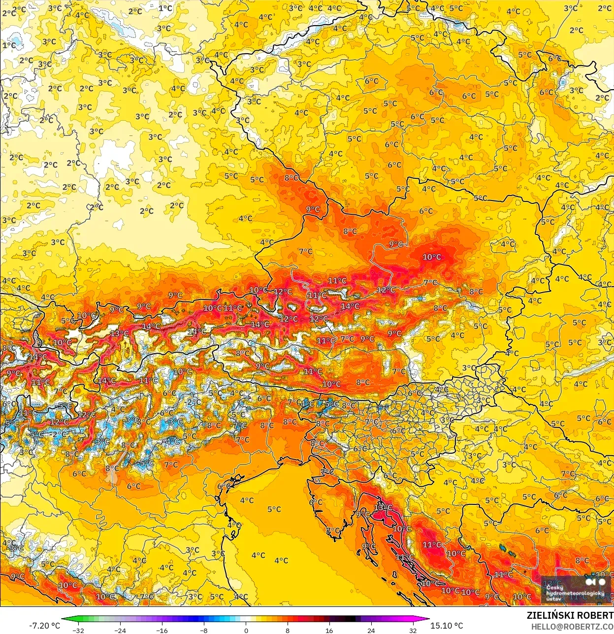 ALADIN CZ 2.3 km model - Avusturya, 2 m Sıcaklık Anomalisi