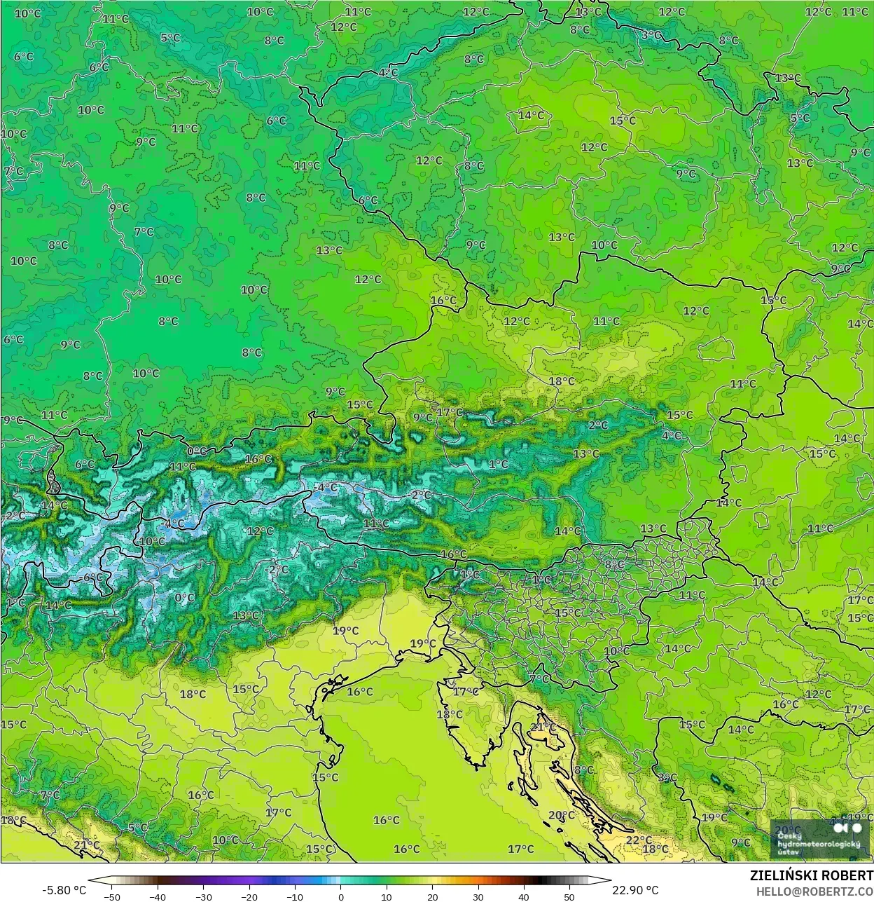 ALADIN CZ 2.3 km model - Avusturya, 2 m Sıcaklık