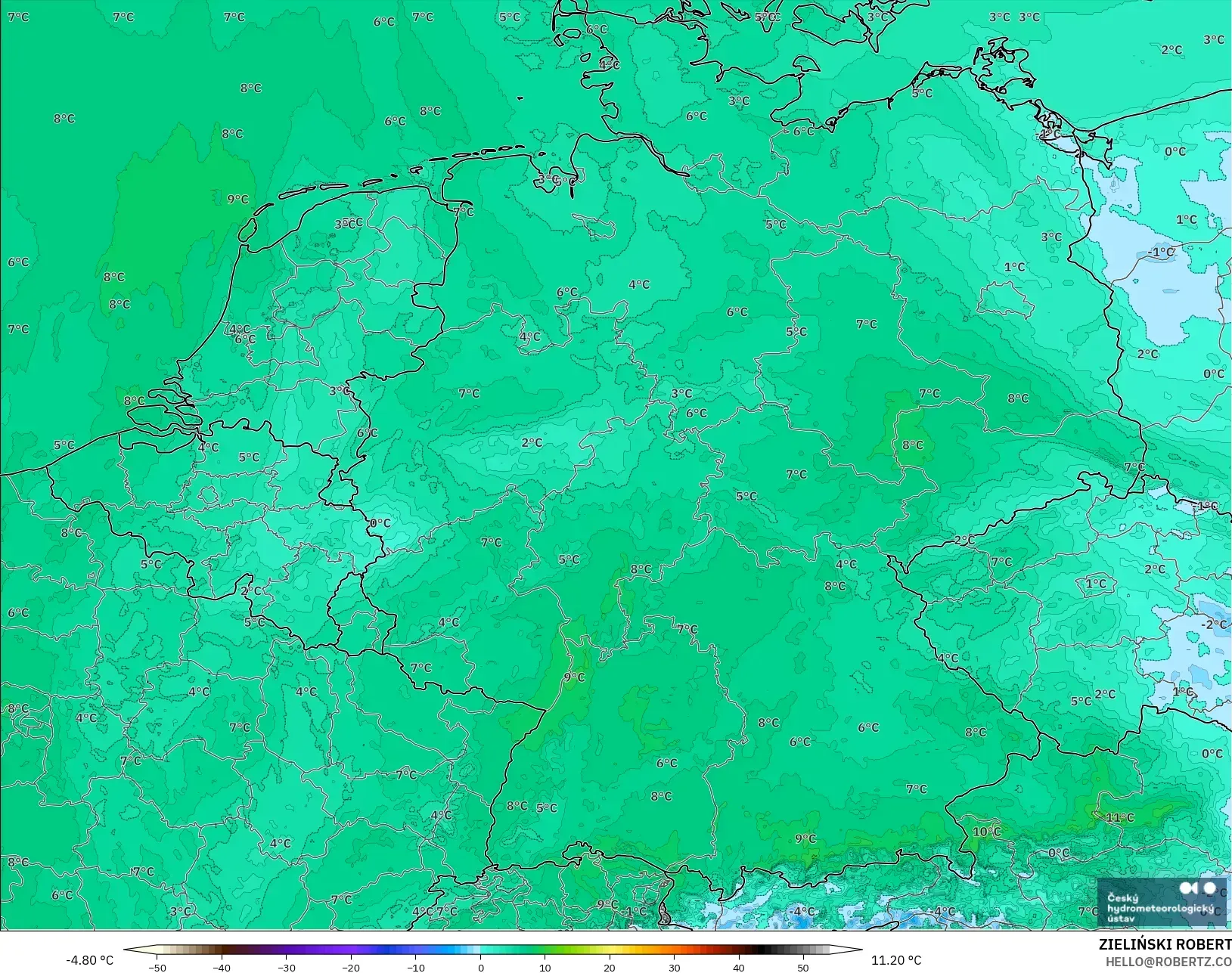 ALADIN CZ 2.3 km model - Almanya, 2 m Çiy Noktası
