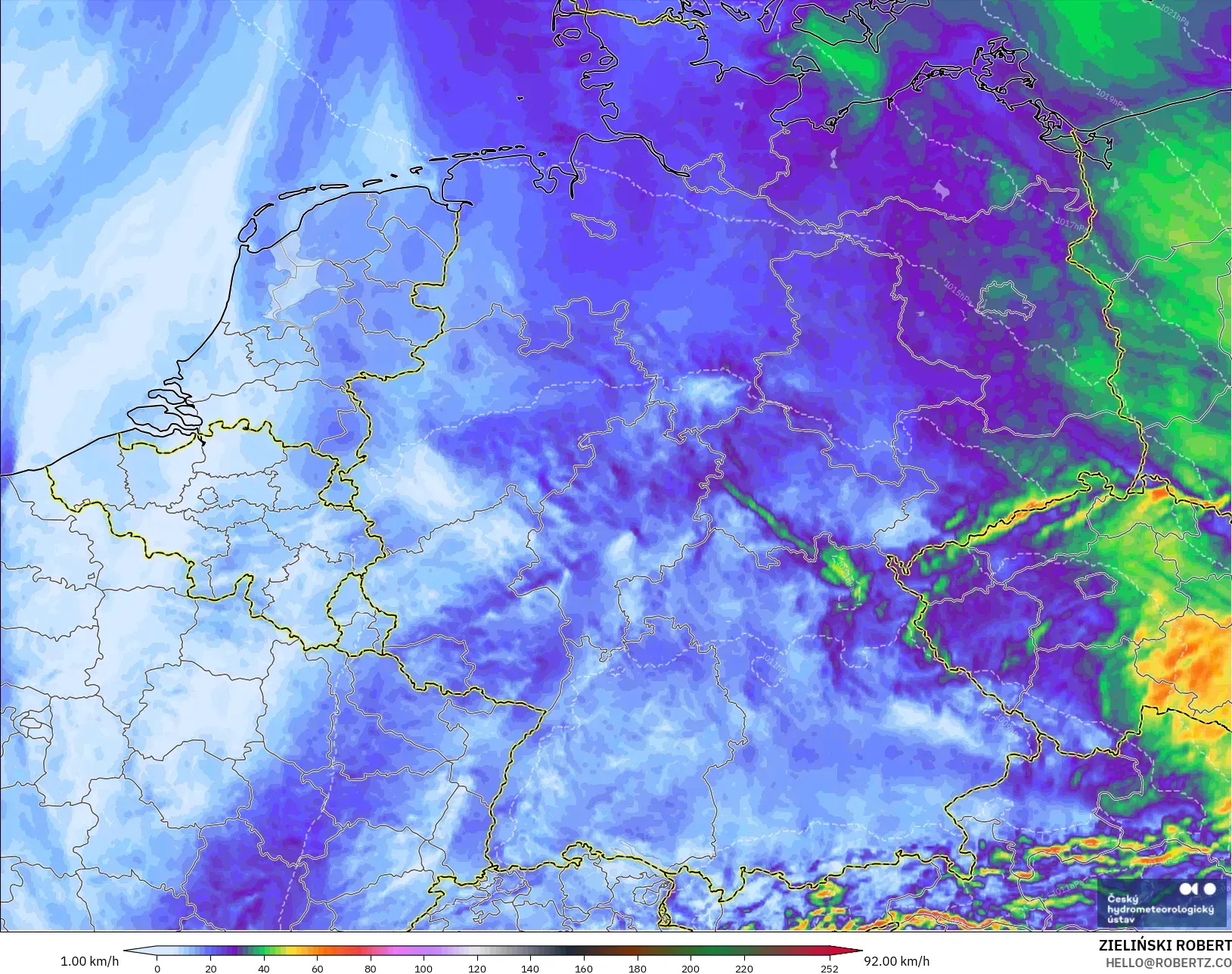 ALADIN CZ 2.3 km model - Almanya, En Yüksek Rüzgâr