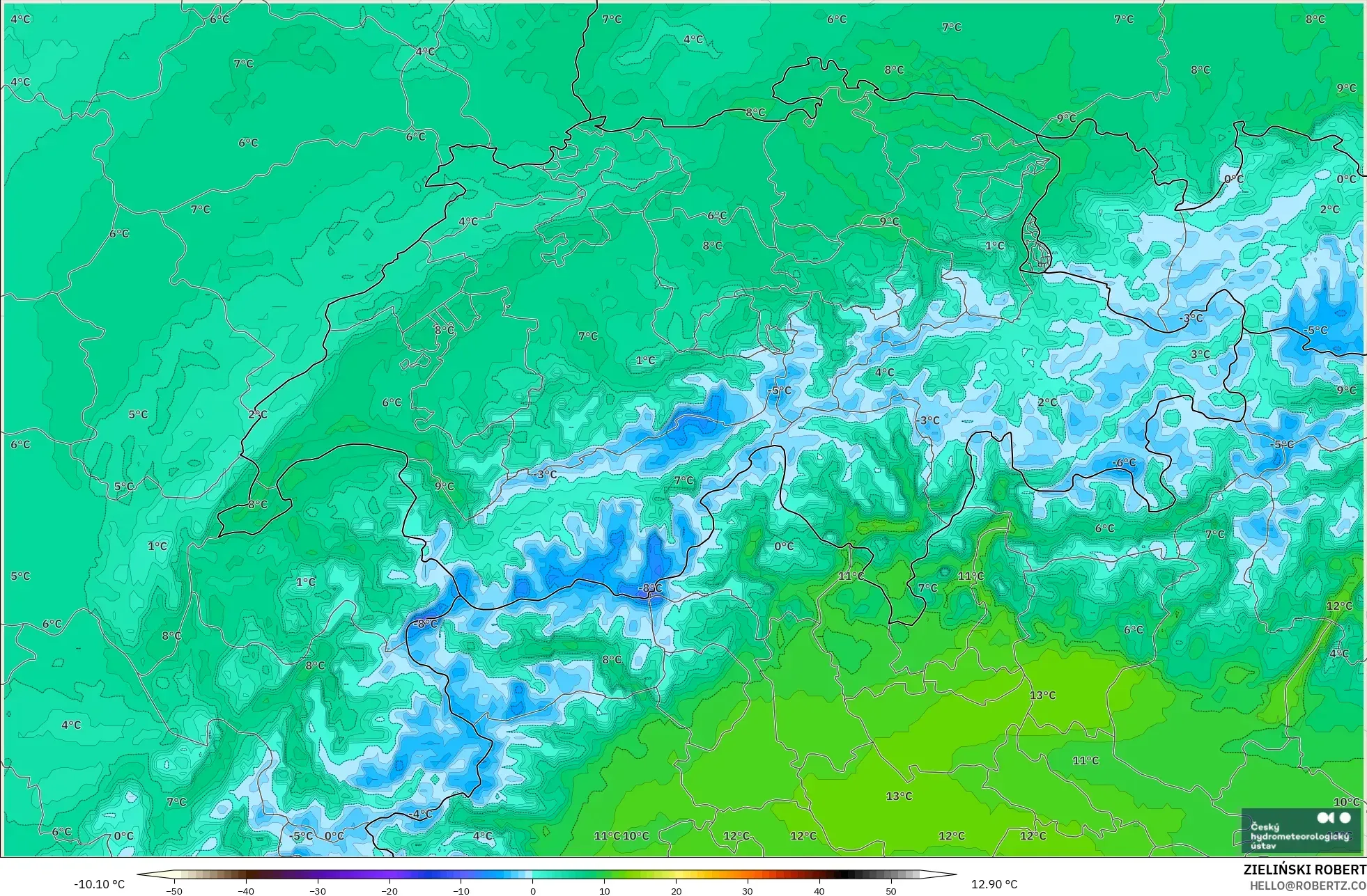 ALADIN CZ 2.3 km model - İsviçre, 2 m Çiy Noktası