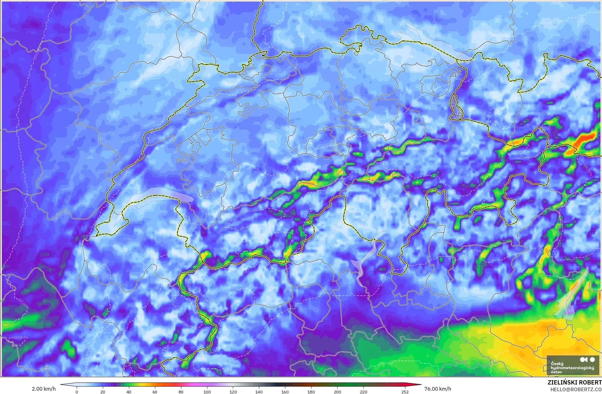 ALADIN CZ 2.3 km model - İsviçre, En Yüksek Rüzgâr