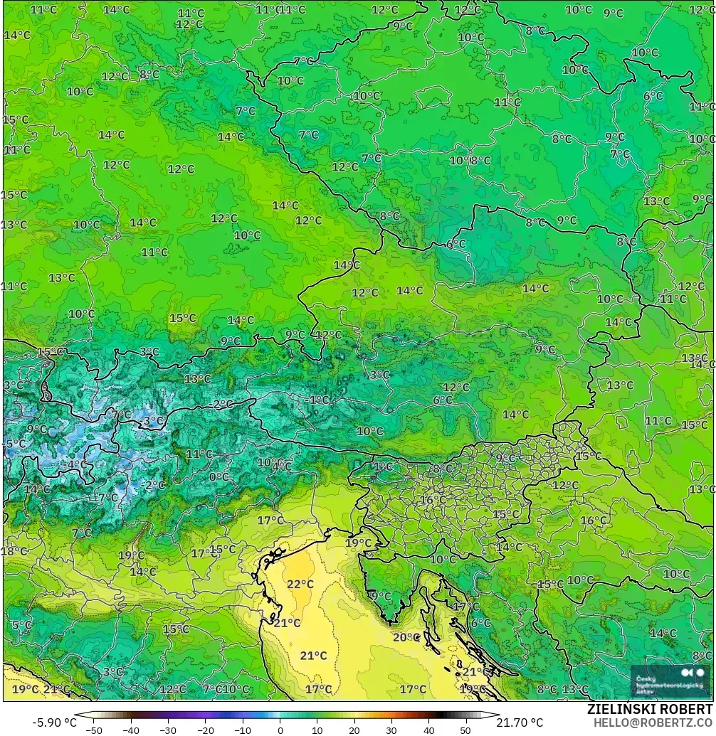 ALADIN CZ 2.3 km model - Avusturya, 2 m Çiy Noktası