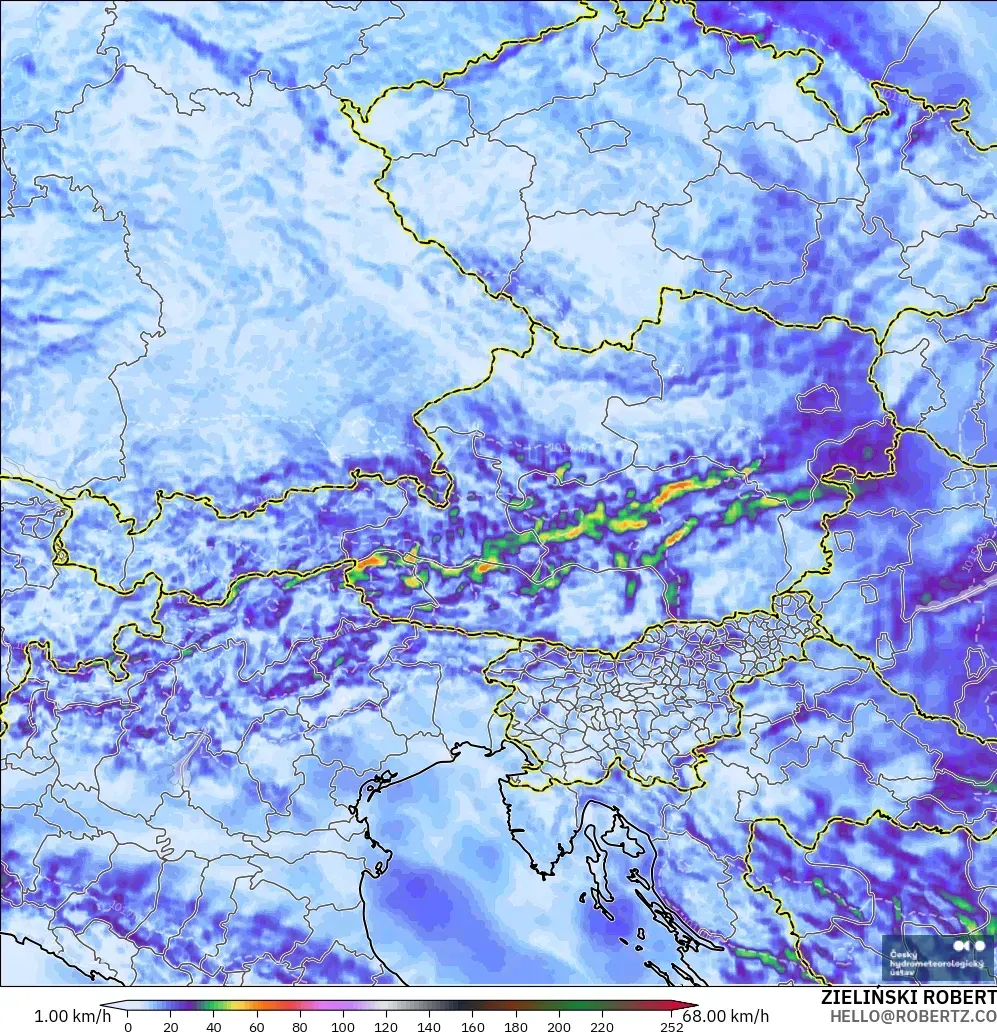 ALADIN CZ 2.3 km model - Avusturya, En Yüksek Rüzgâr