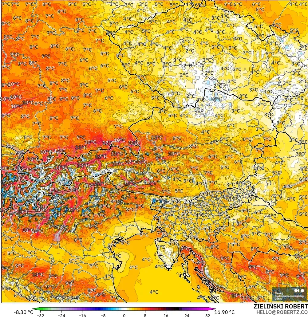 ALADIN CZ 2.3 km model - Avusturya, 2 m Sıcaklık Anomalisi