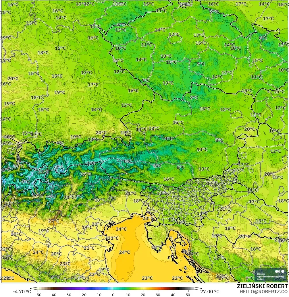 ALADIN CZ 2.3 km model - Avusturya, 2 m Sıcaklık