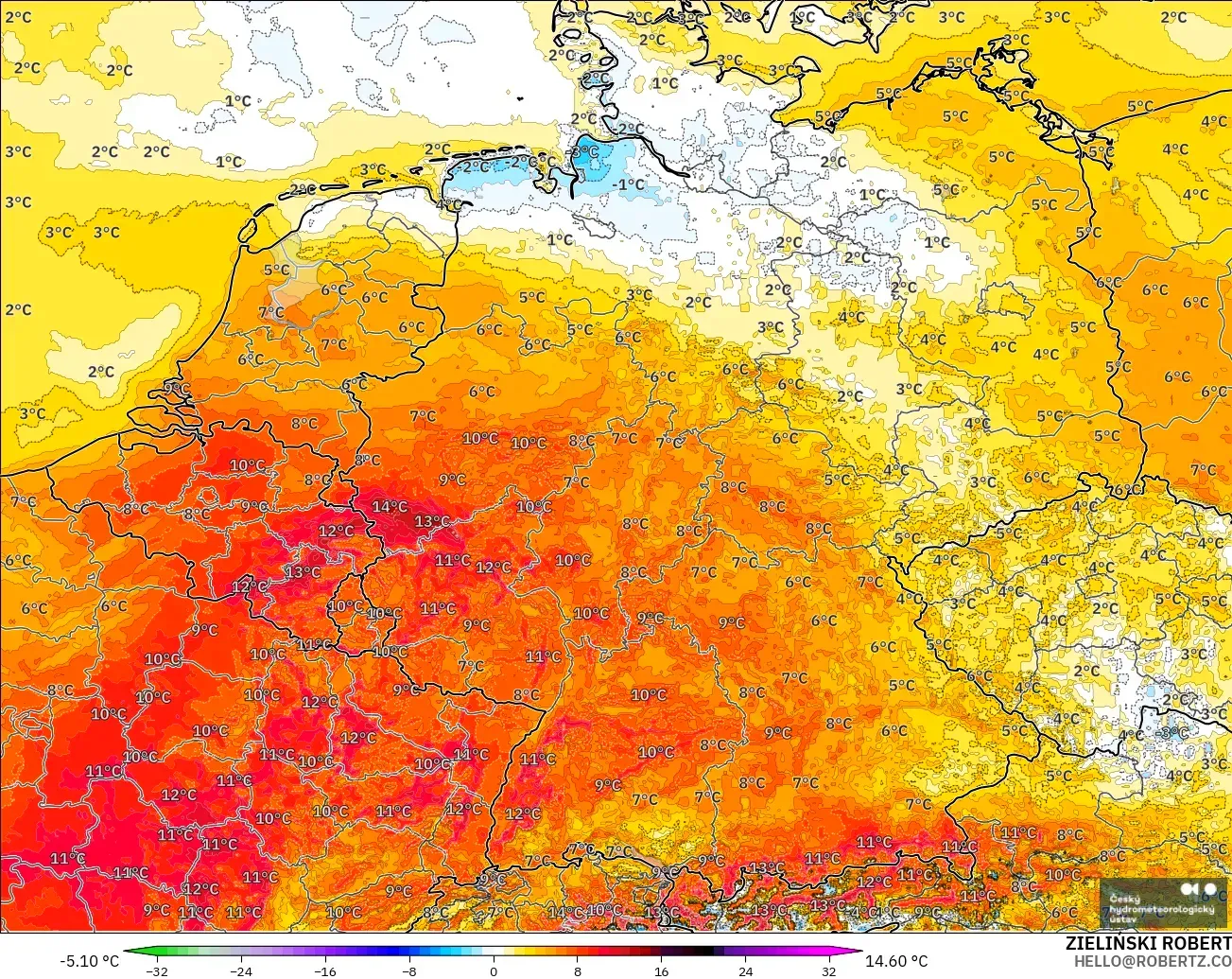 ALADIN CZ 2.3 km model - Almanya, 2 m Sıcaklık Anomalisi