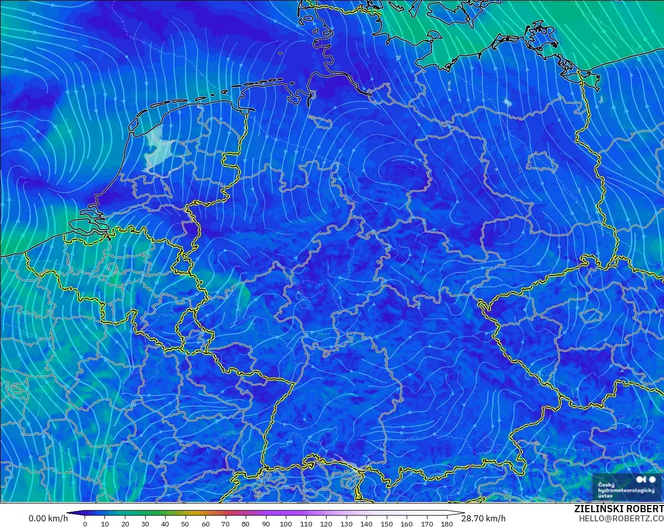 ALADIN CZ 2.3 km model - Almanya, 10 m Rüzgâr