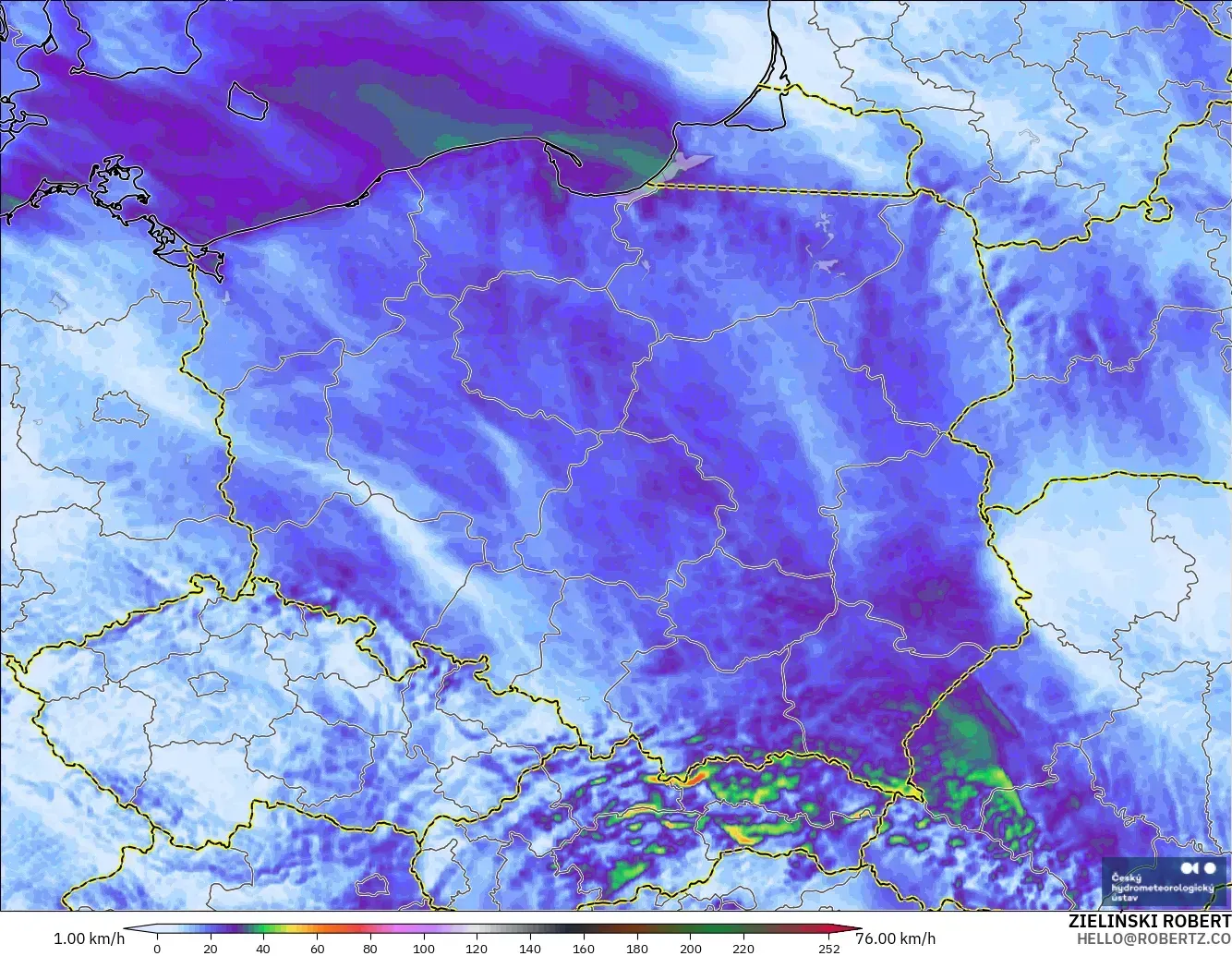 ALADIN CZ 2.3 km model - Polonya, Rüzgâr Esintileri