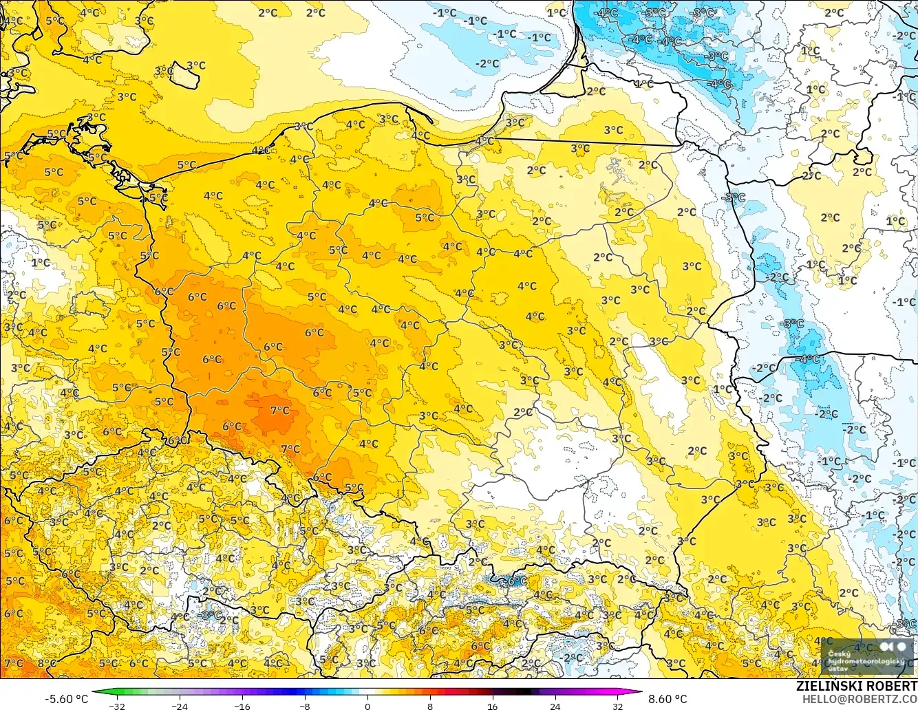 ALADIN CZ 2.3 km model - Polonya, 2 m Sıcaklık Anomalisi