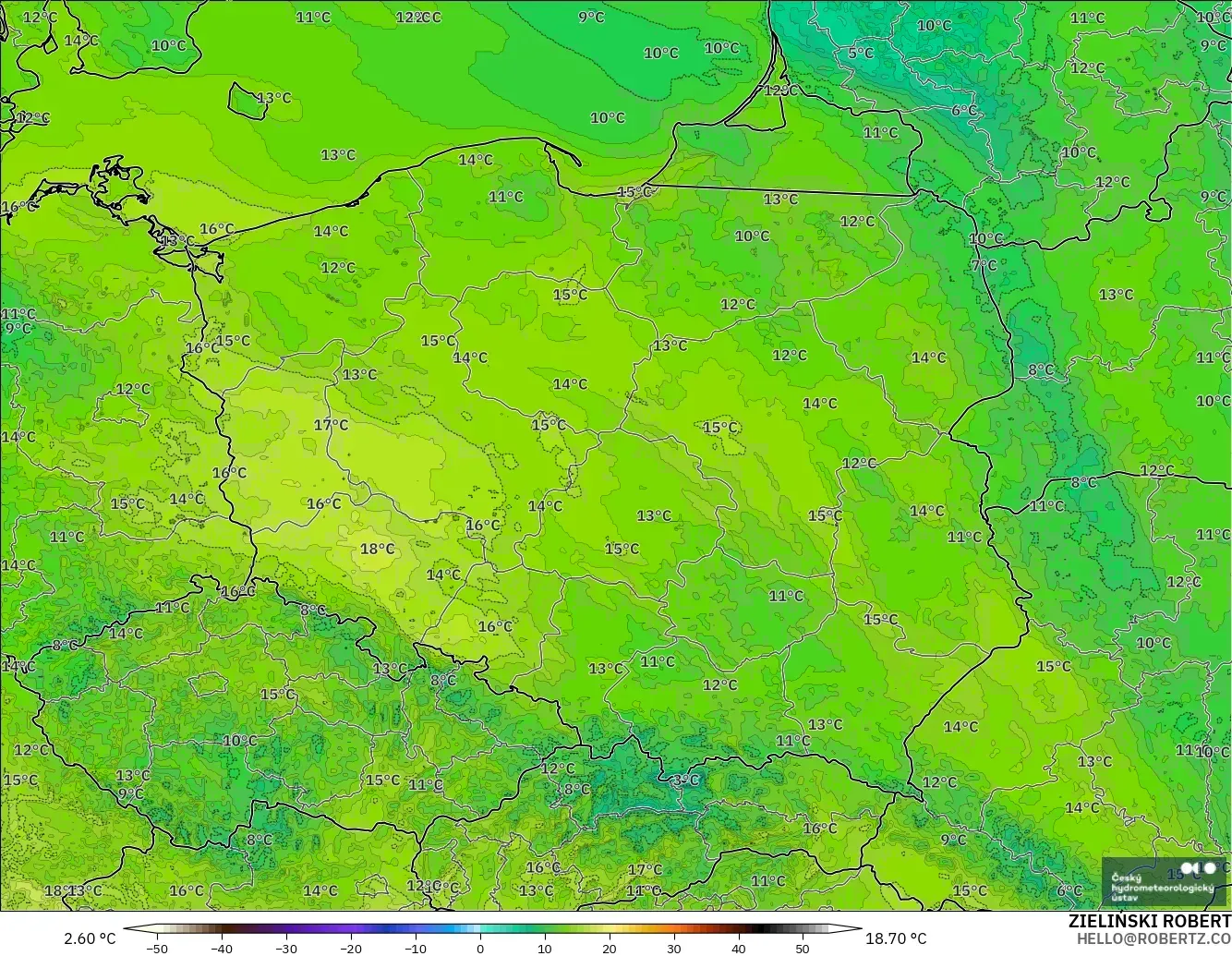 ALADIN CZ 2.3 km model - Polonya, 2 m Sıcaklık