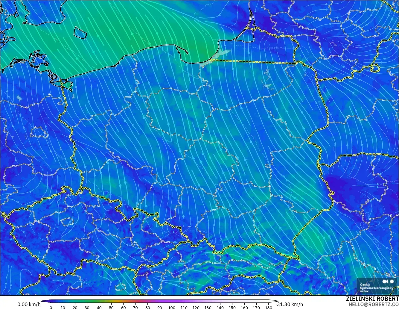 ALADIN CZ 2.3 km model - Polonya, 10 m Rüzgâr