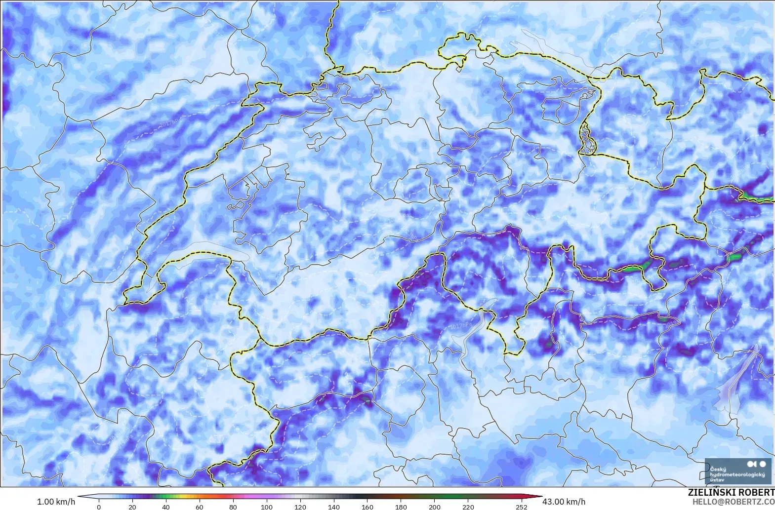 ALADIN CZ 2.3 km model - İsviçre, En Yüksek Rüzgâr