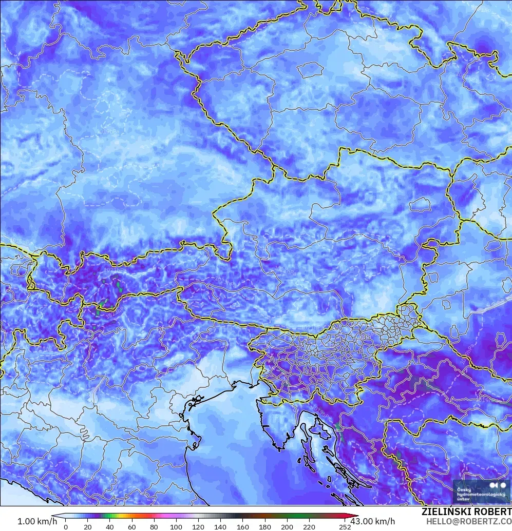 ALADIN CZ 2.3 km model - Avusturya, En Yüksek Rüzgâr