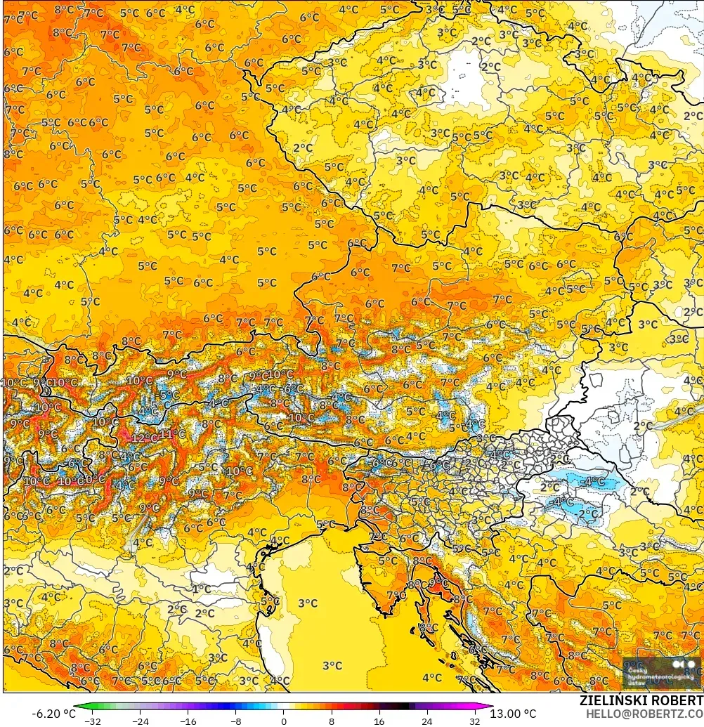 ALADIN CZ 2.3 km model - Avusturya, 2 m Sıcaklık Anomalisi