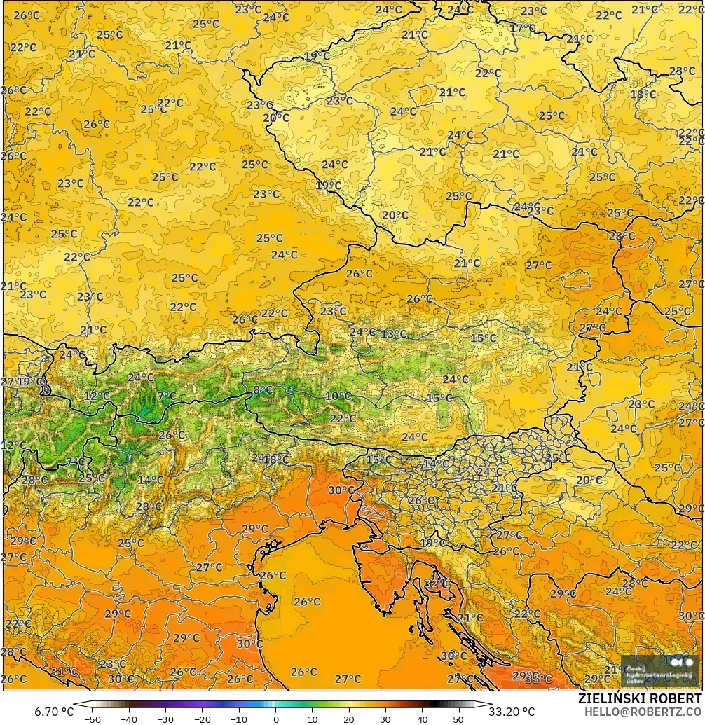 ALADIN CZ 2.3 km model - Avusturya, 2 m Sıcaklık