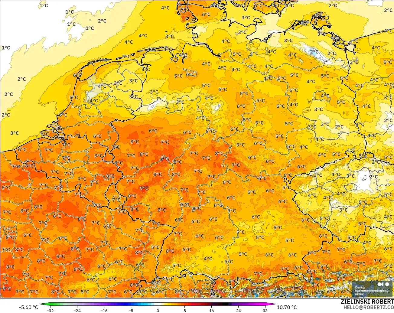 ALADIN CZ 2.3 km model - Almanya, 2 m Sıcaklık Anomalisi