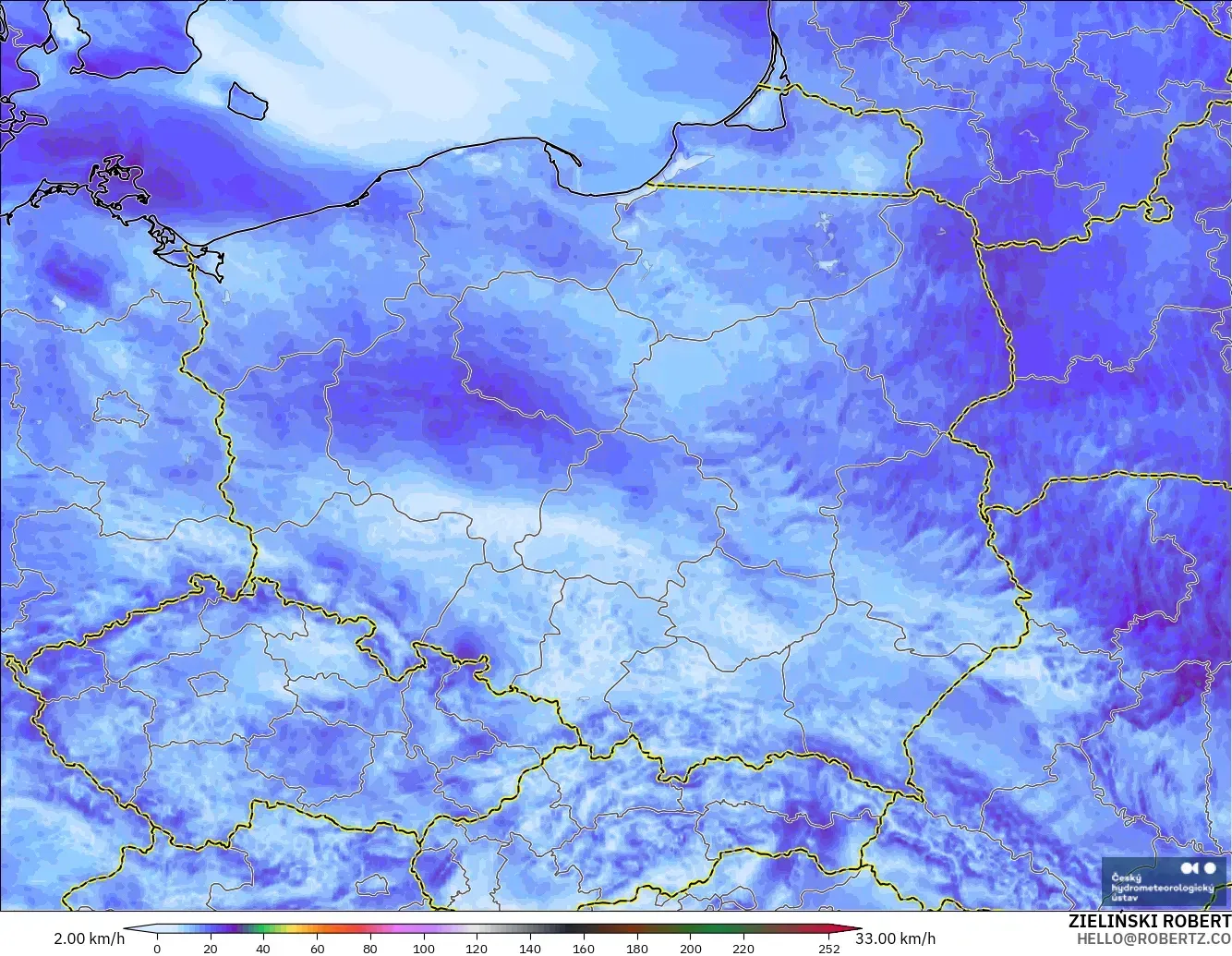 ALADIN CZ 2.3 km model - Polonya, Rüzgâr Esintileri