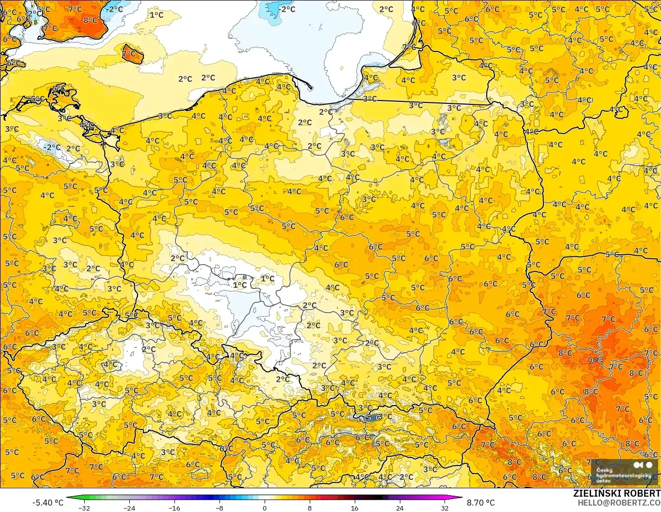 ALADIN CZ 2.3 km model - Polonya, 2 m Sıcaklık Anomalisi