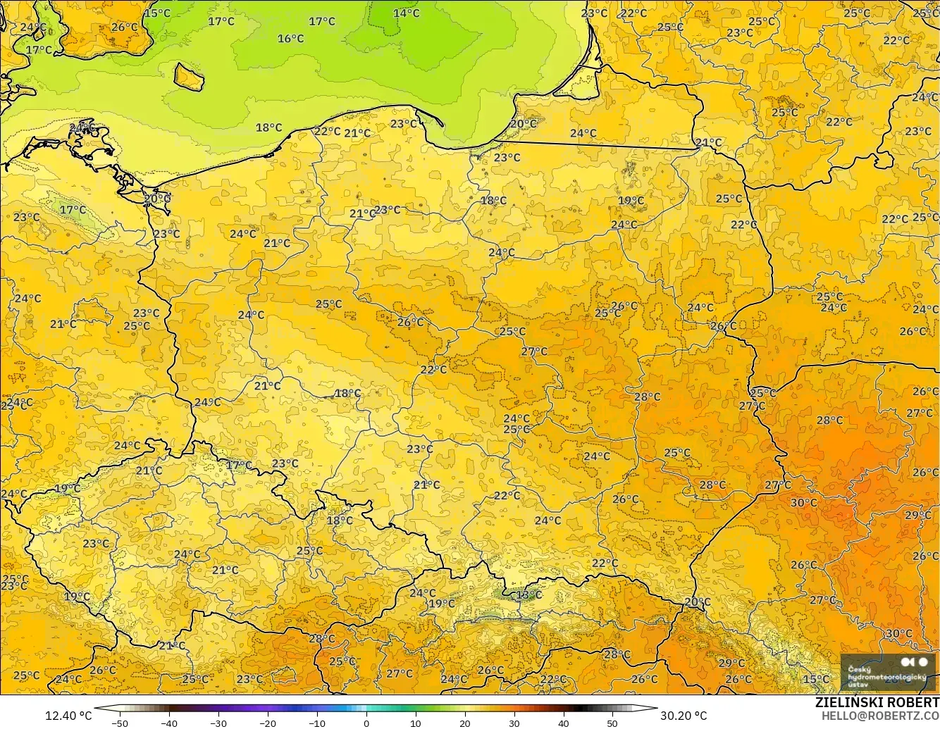 ALADIN CZ 2.3 km model - Polonya, 2 m Sıcaklık