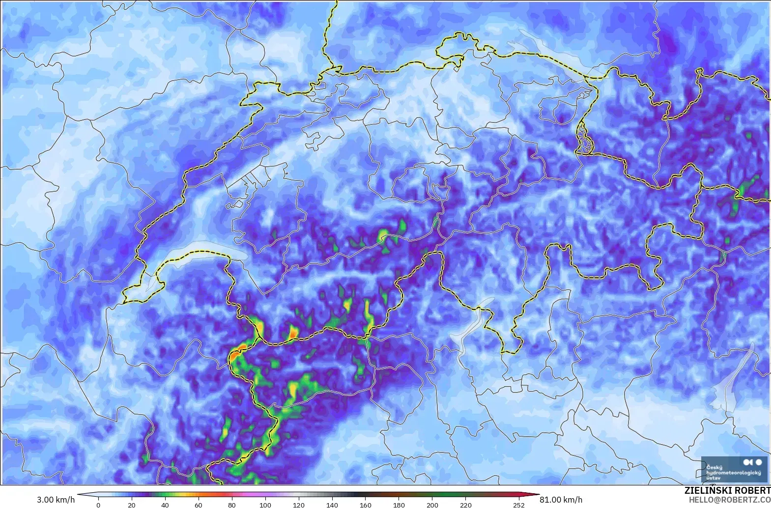 ALADIN CZ 2.3 km model - İsviçre, Rüzgâr Esintileri