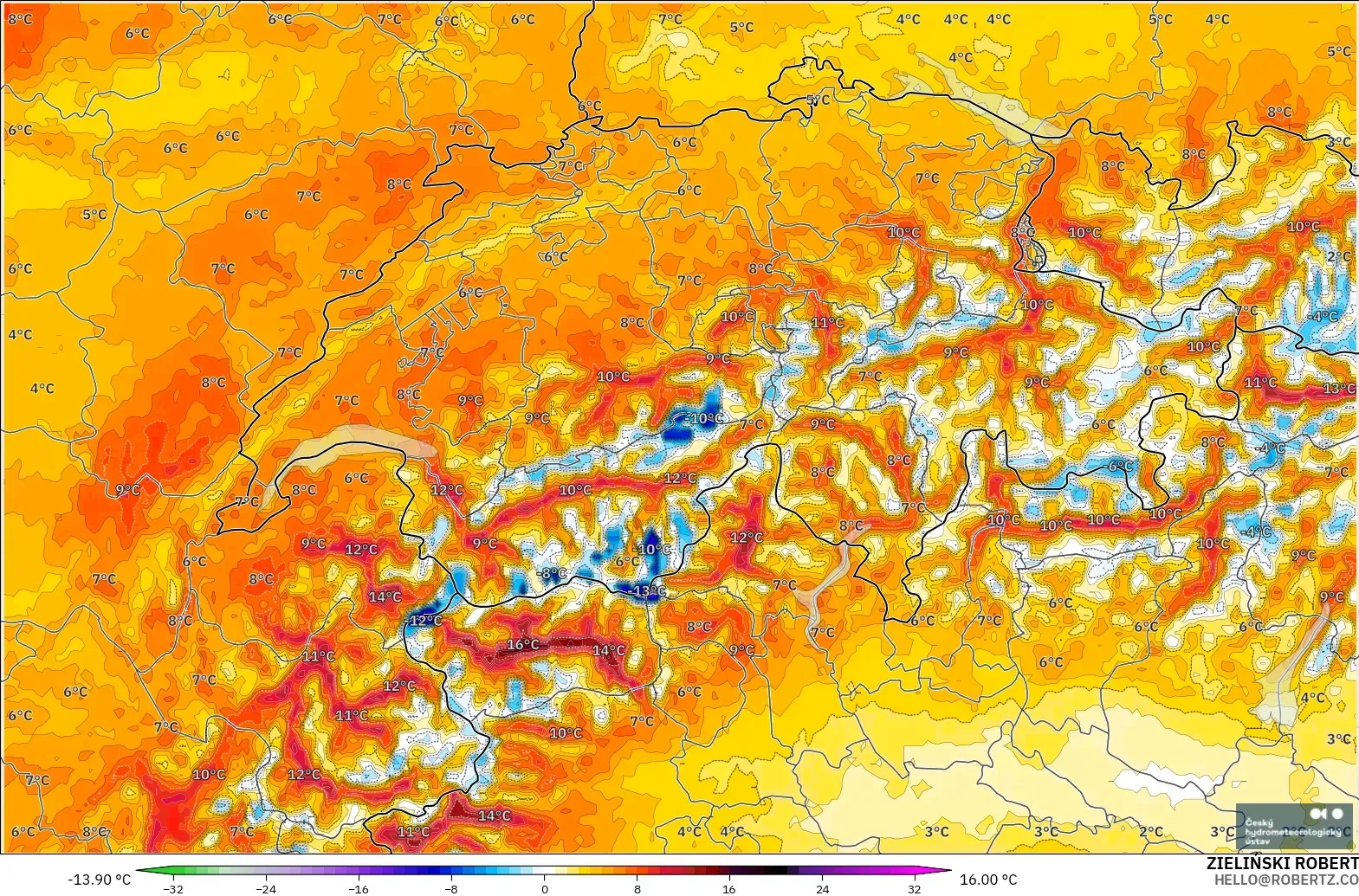 ALADIN CZ 2.3 km model - İsviçre, 2 m Sıcaklık Anomalisi