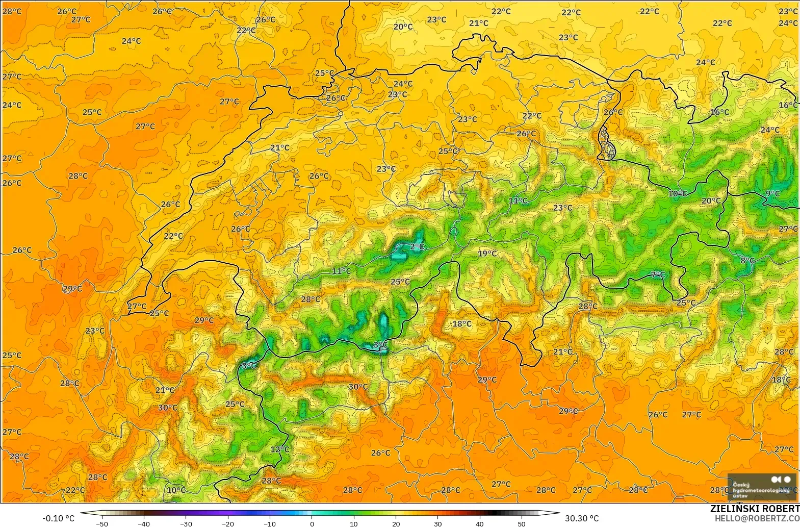 ALADIN CZ 2.3 km model - İsviçre, 2 m Sıcaklık