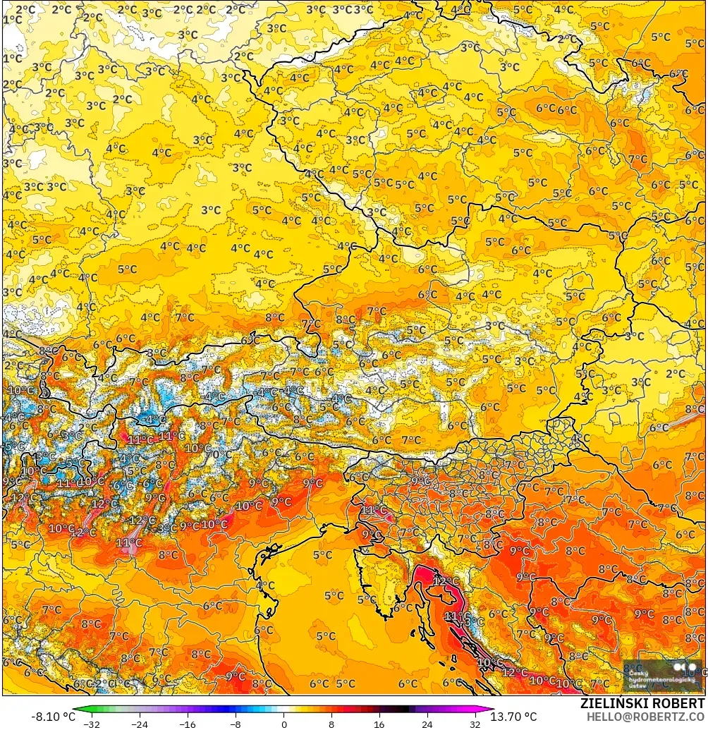 ALADIN CZ 2.3 km model - Avusturya, 2 m Sıcaklık Anomalisi