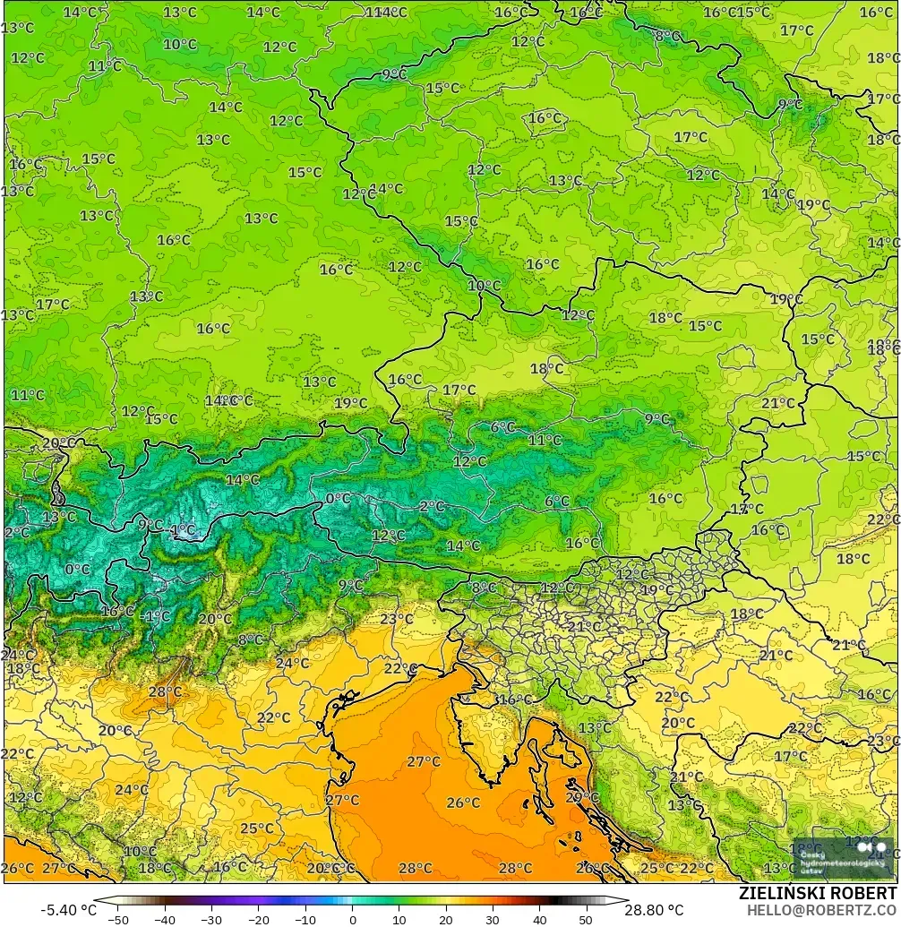 ALADIN CZ 2.3 km model - Avusturya, 2 m Sıcaklık