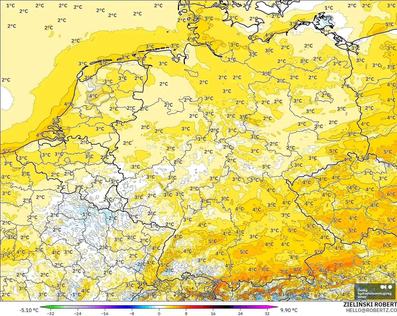 ALADIN CZ 2.3 km model - Almanya, 2 m Sıcaklık Anomalisi