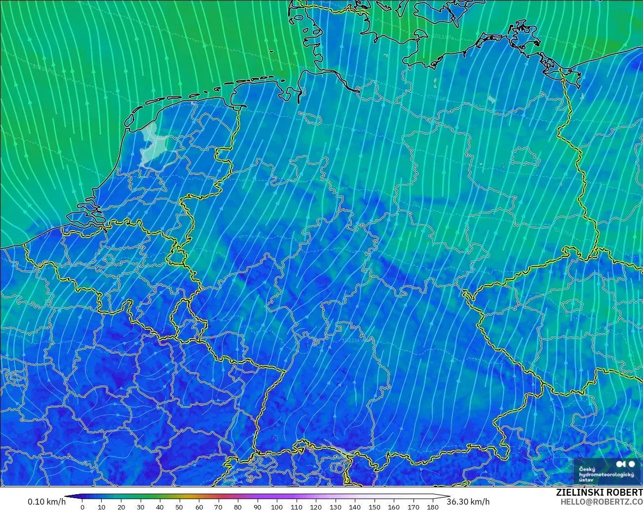 ALADIN CZ 2.3 km model - Almanya, 10 m Rüzgâr