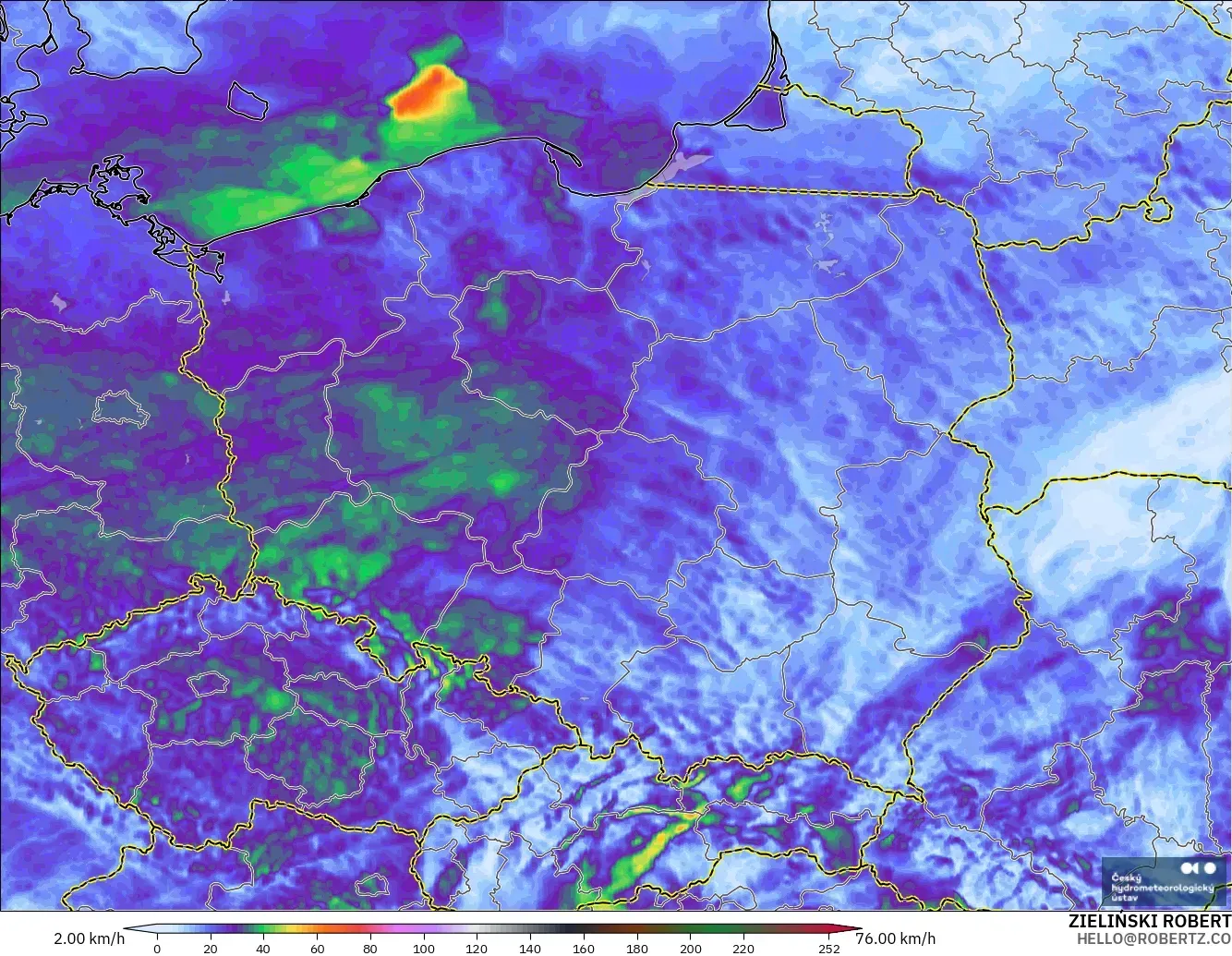 ALADIN CZ 2.3 km model - Polonya, Rüzgâr Esintileri