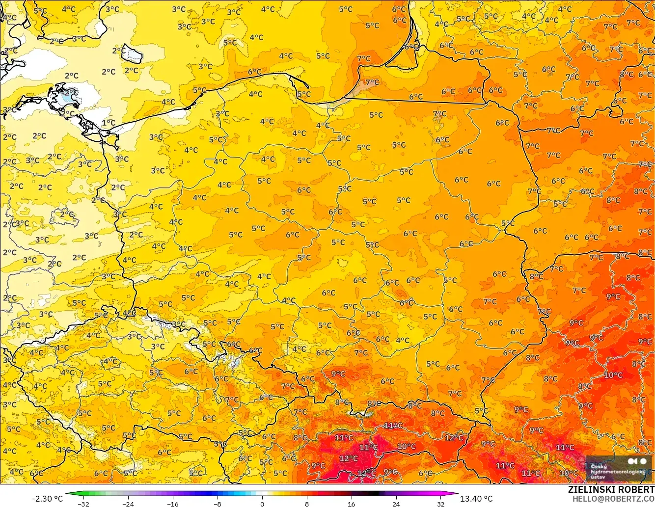 ALADIN CZ 2.3 km model - Polonya, 2 m Sıcaklık Anomalisi