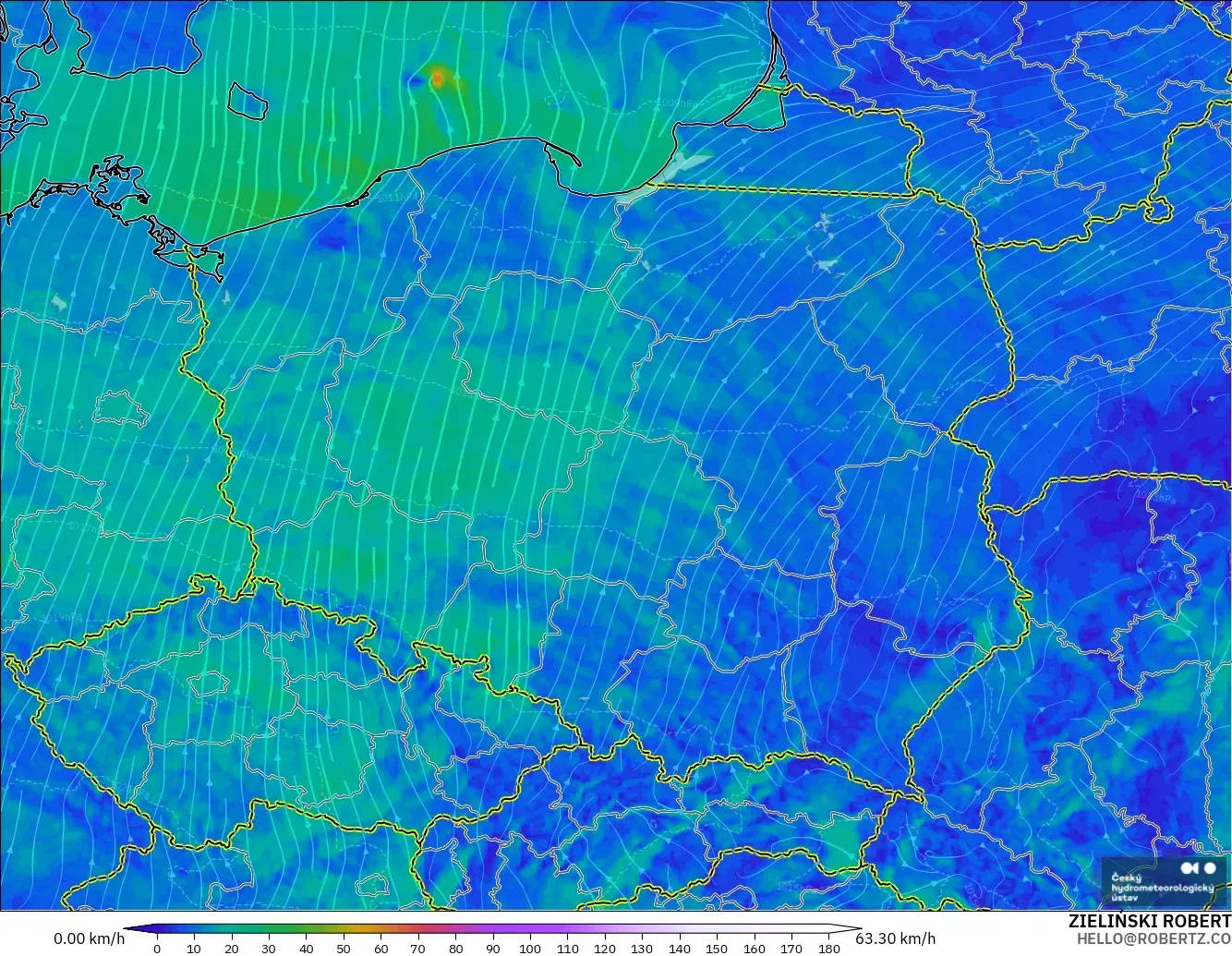 ALADIN CZ 2.3 km model - Polonya, 10 m Rüzgâr