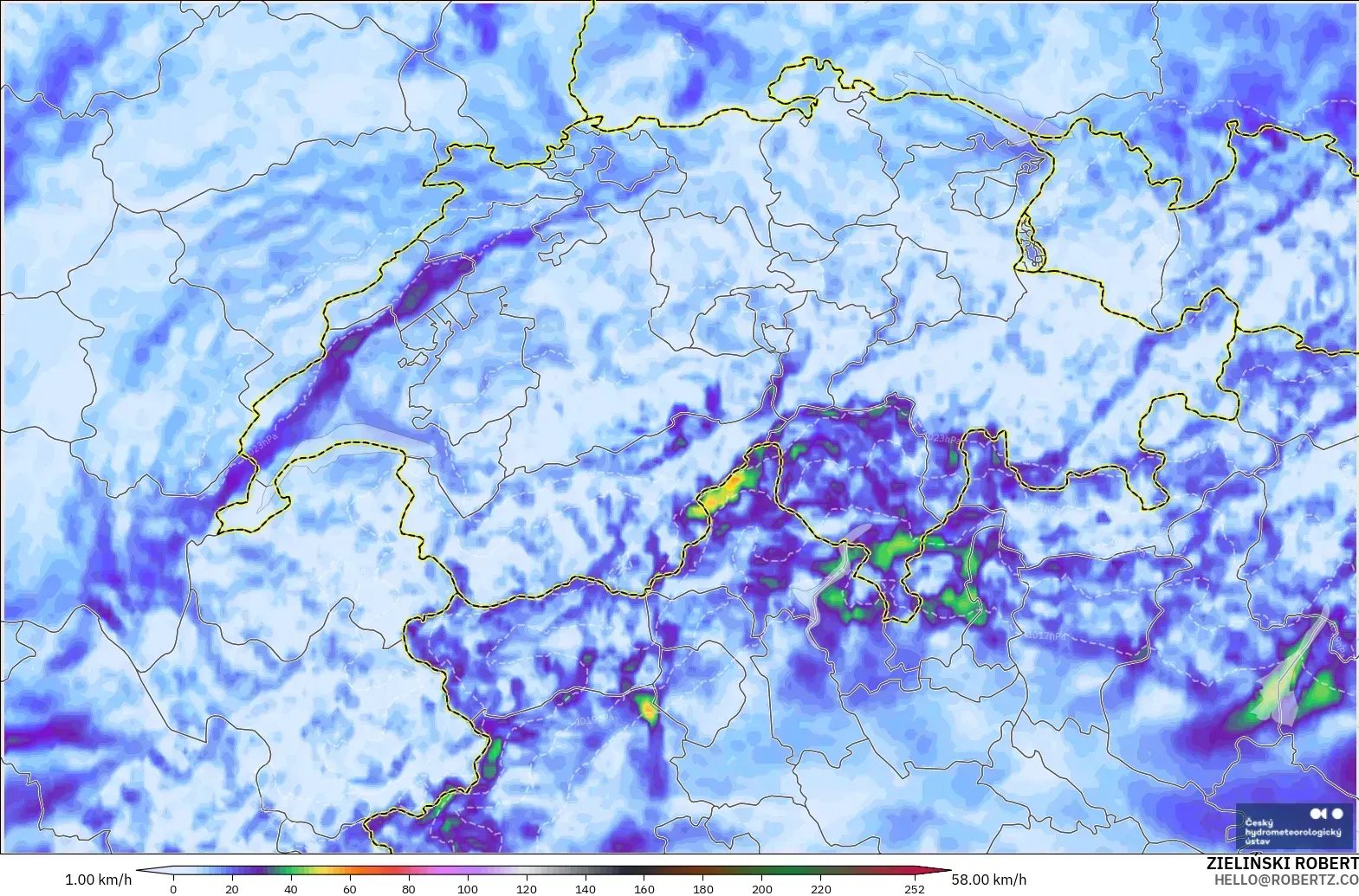 ALADIN CZ 2.3 km model - İsviçre, En Yüksek Rüzgâr