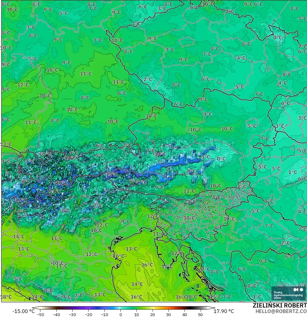 ALADIN CZ 2.3 km model - Avusturya, 2 m Çiy Noktası