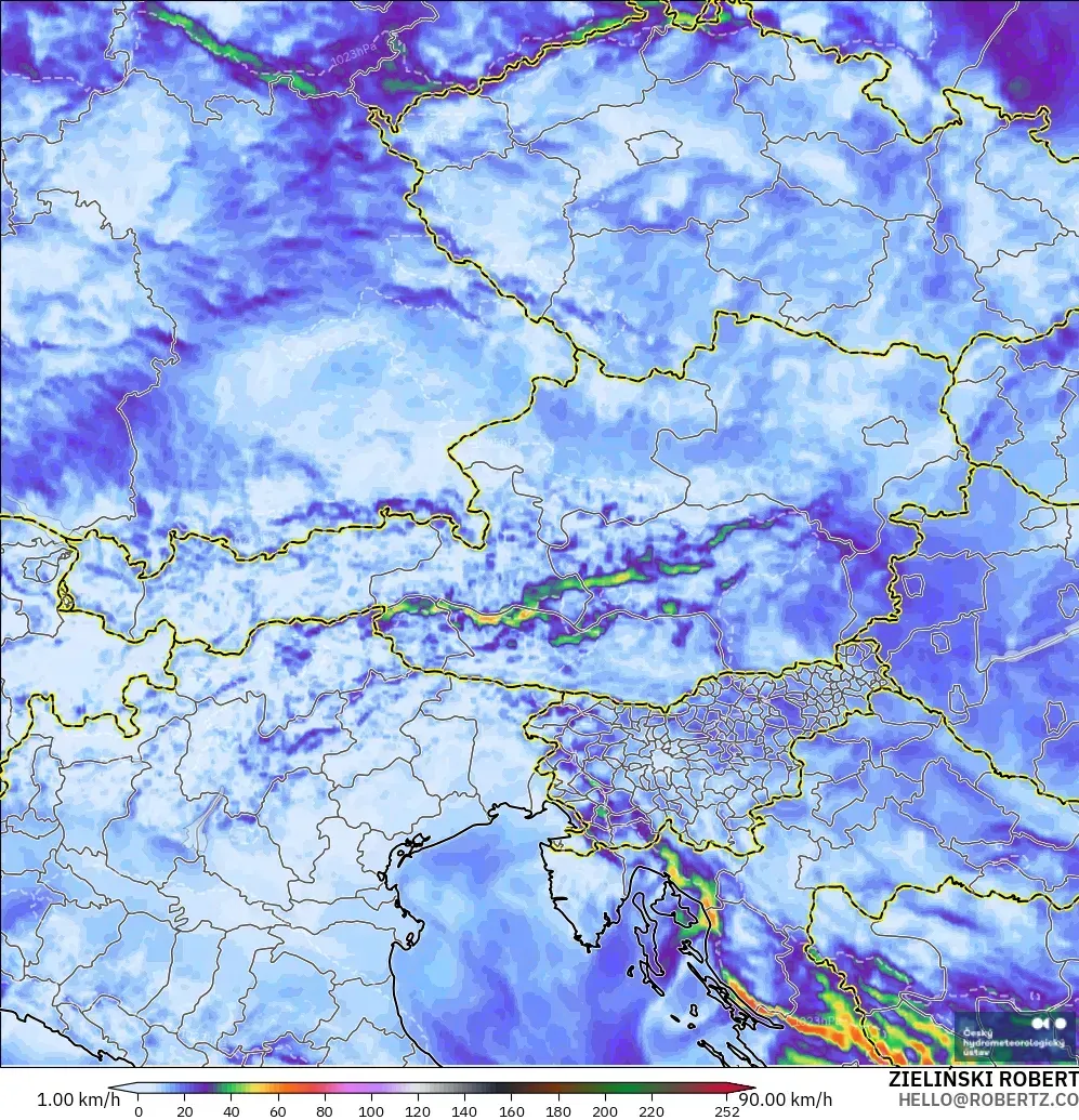 ALADIN CZ 2.3 km model - Avusturya, En Yüksek Rüzgâr