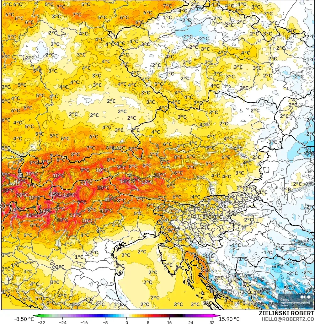 ALADIN CZ 2.3 km model - Avusturya, 2 m Sıcaklık Anomalisi